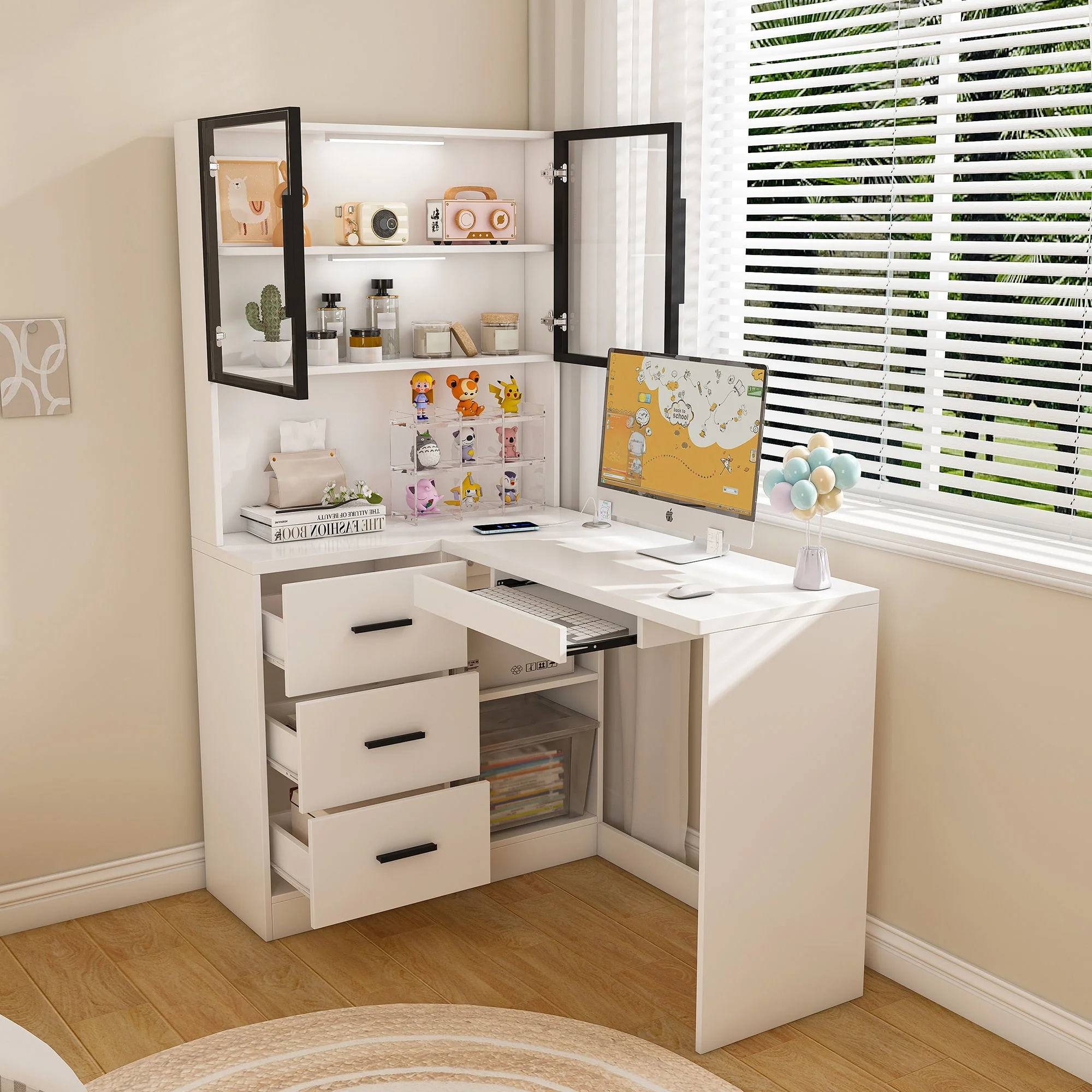 L-Shaped Computer Desk With Glass Cabinets, Built In LED Lights, USB Charging Ports - Image 14