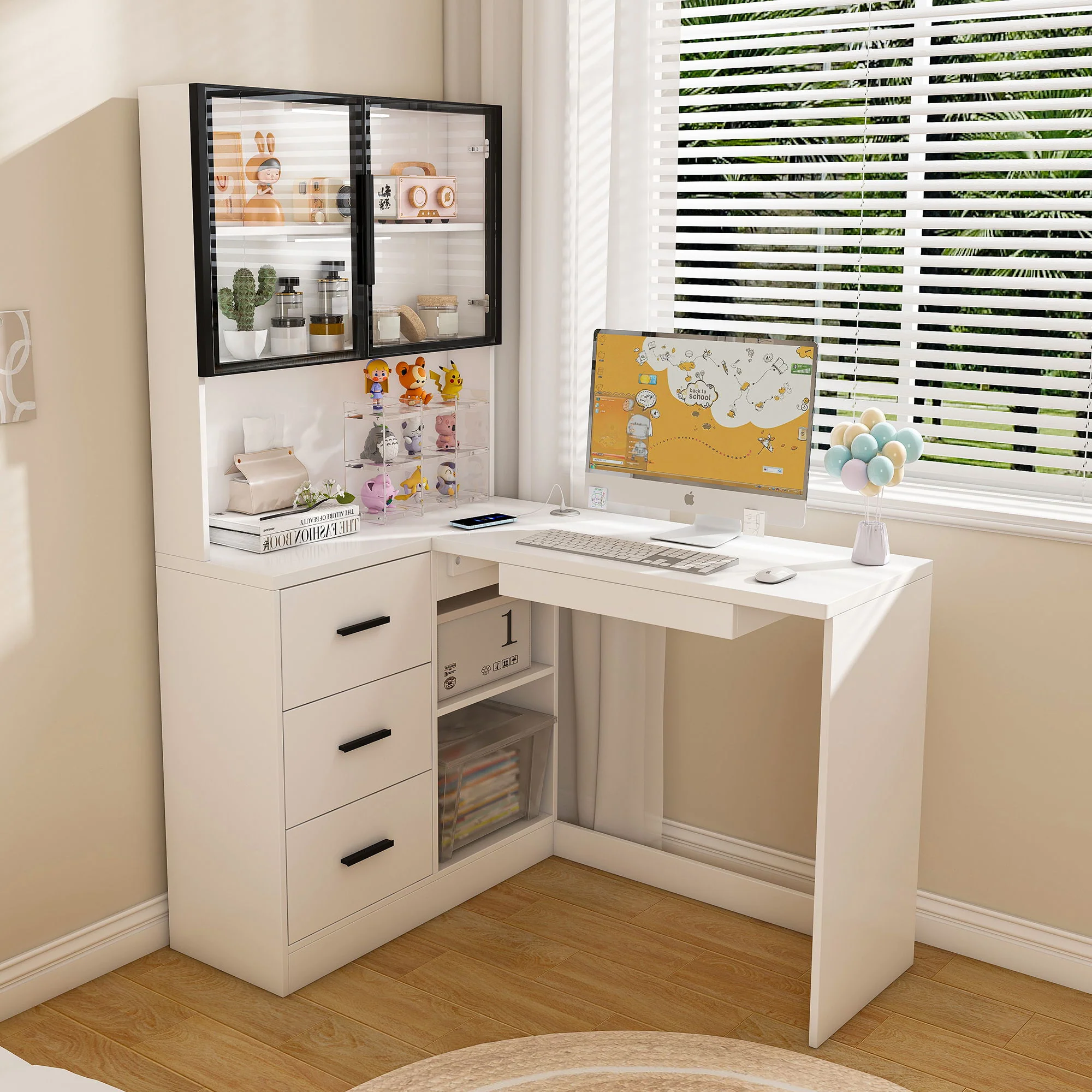 L-Shaped Computer Desk With Glass Cabinets, Built In LED Lights, USB Charging Ports - Image 6