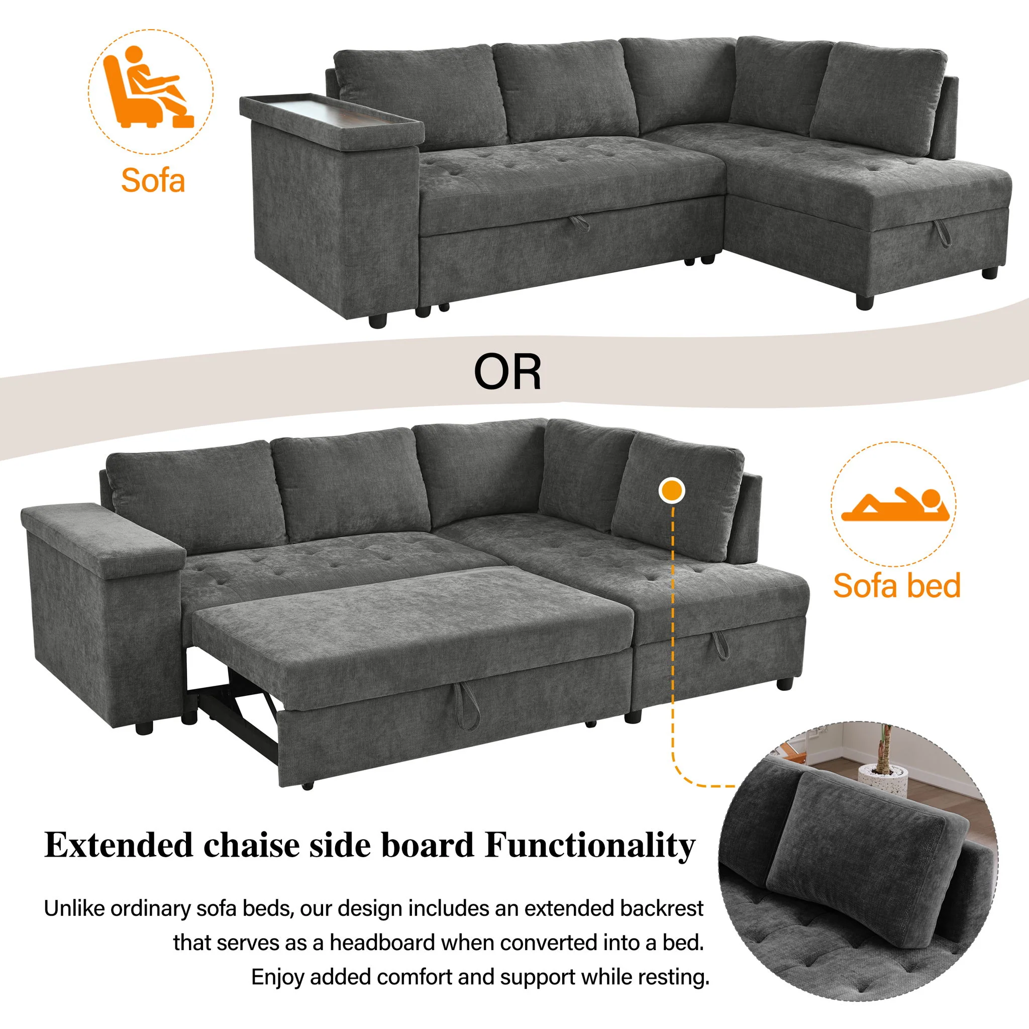 L Shaped Couch With Pull Out Bed And Storage Sectional Sleeper Sofa With Hidden Storage, Wide Armrest With Storage, For Living Room, Apartment, Bedroom, Office - Image 4