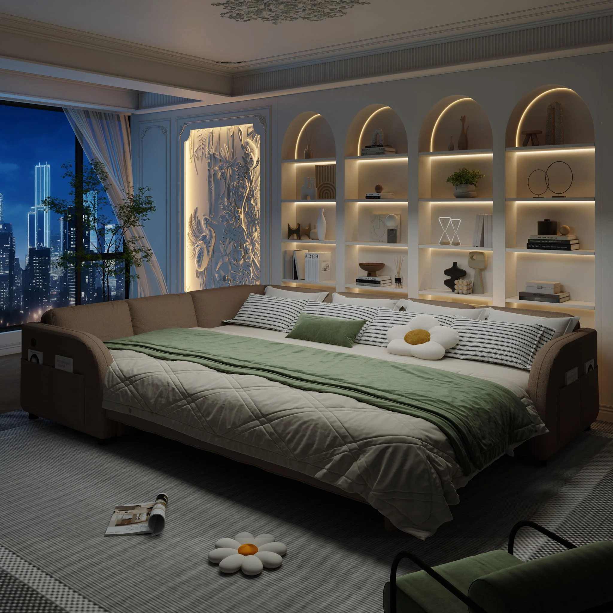 L-Shaped Couch With Pull-Out Bed, Convertible Sleeper Sofa With Side Pocket & USB Port - Image 13