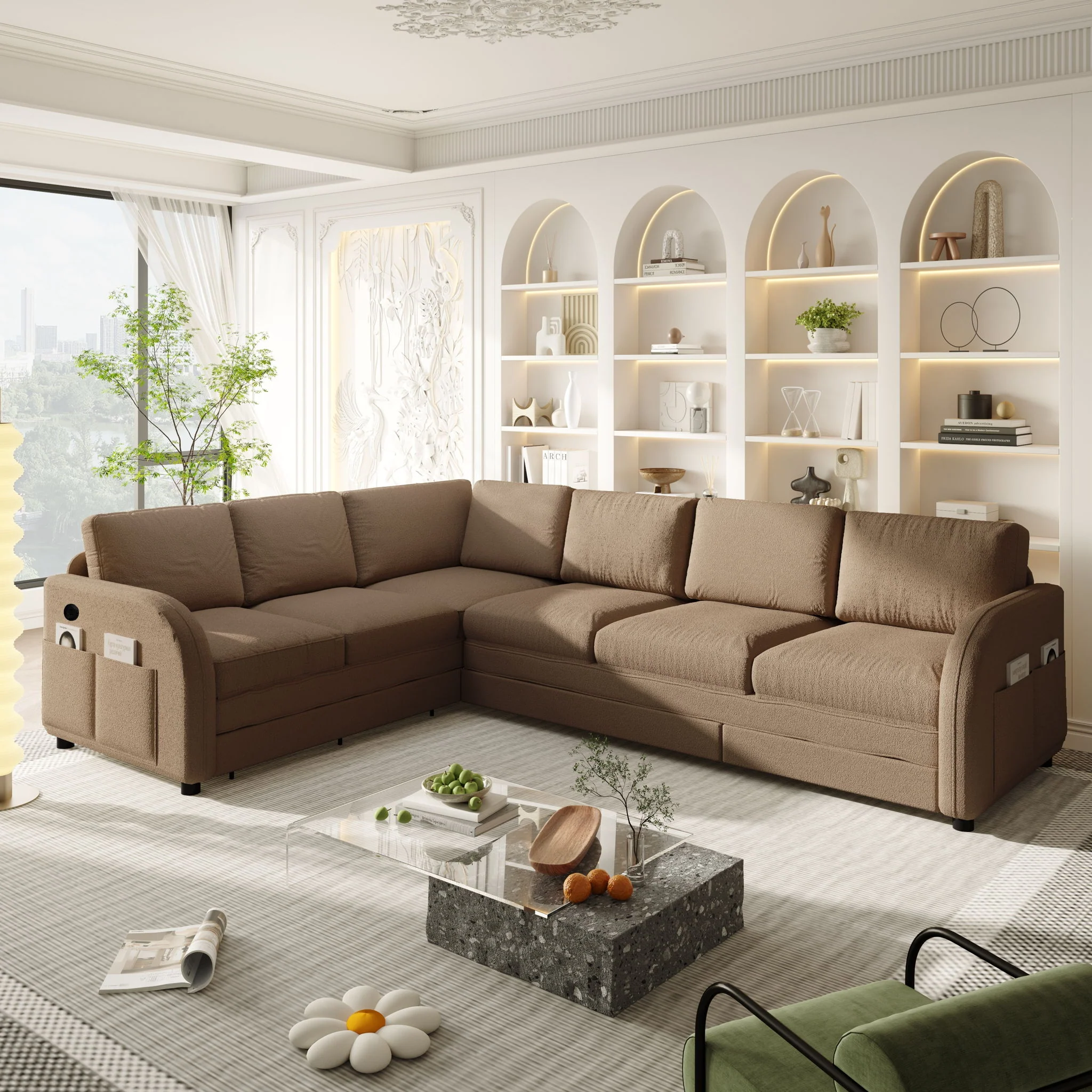 L-Shaped Couch With Pull-Out Bed, Convertible Sleeper Sofa With Side Pocket & USB Port - Image 24