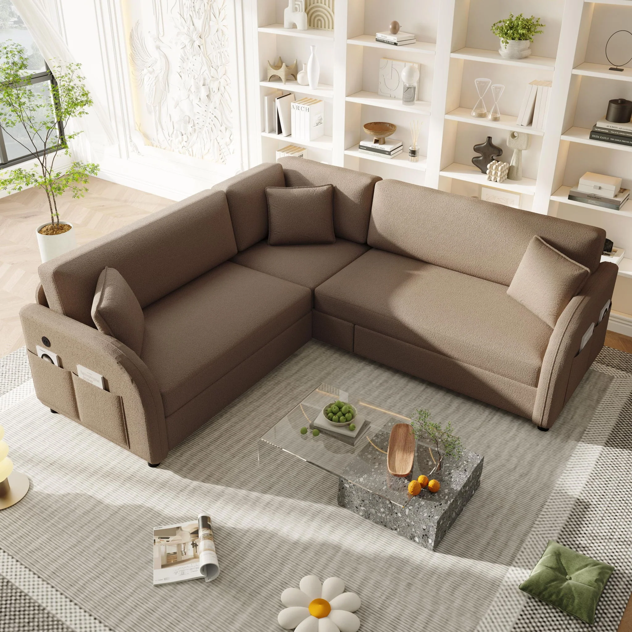 L-Shaped Couch With Pull-Out Bed, Oversize Convertible Sleeper Sofa With Side Pocket & USB Port - Image 11