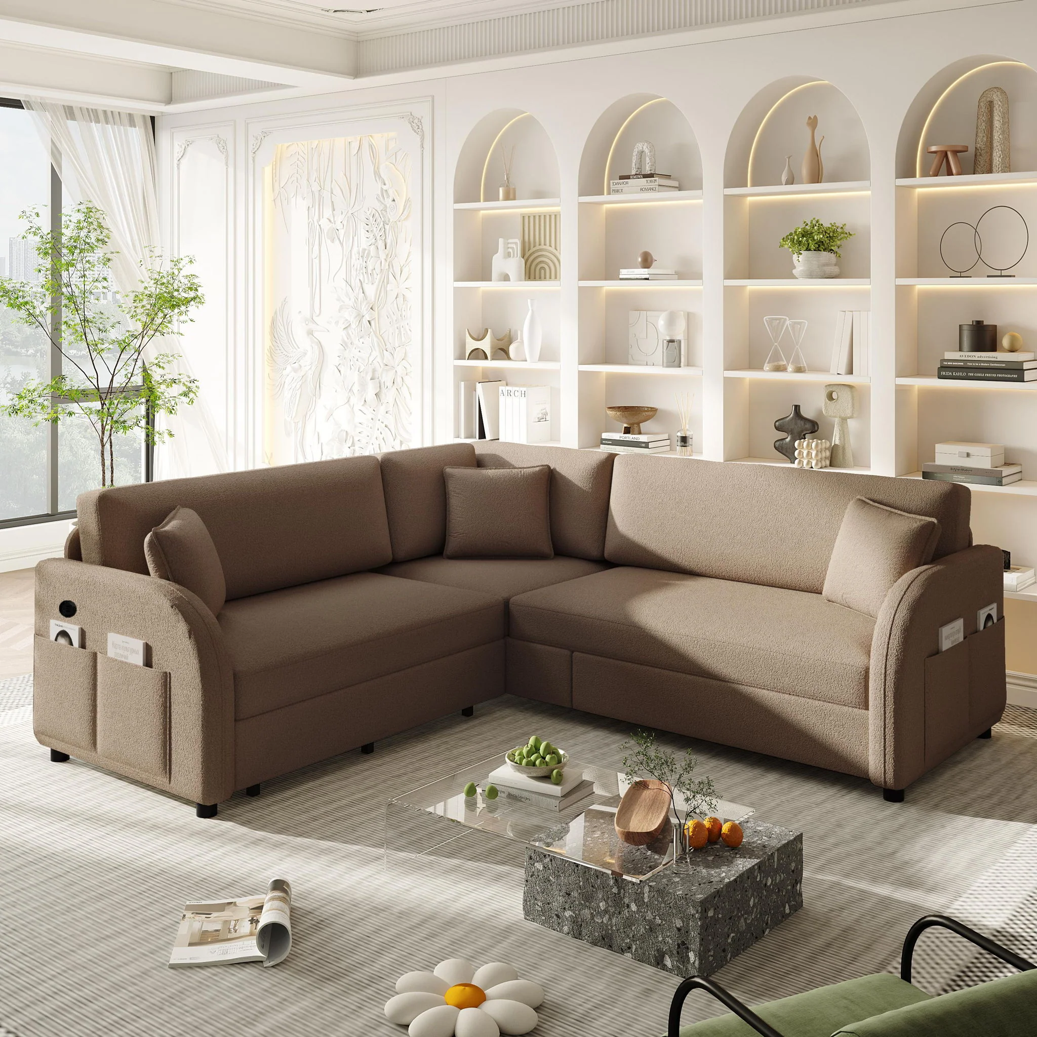 L-Shaped Couch With Pull-Out Bed, Oversize Convertible Sleeper Sofa With Side Pocket & USB Port - Image 12