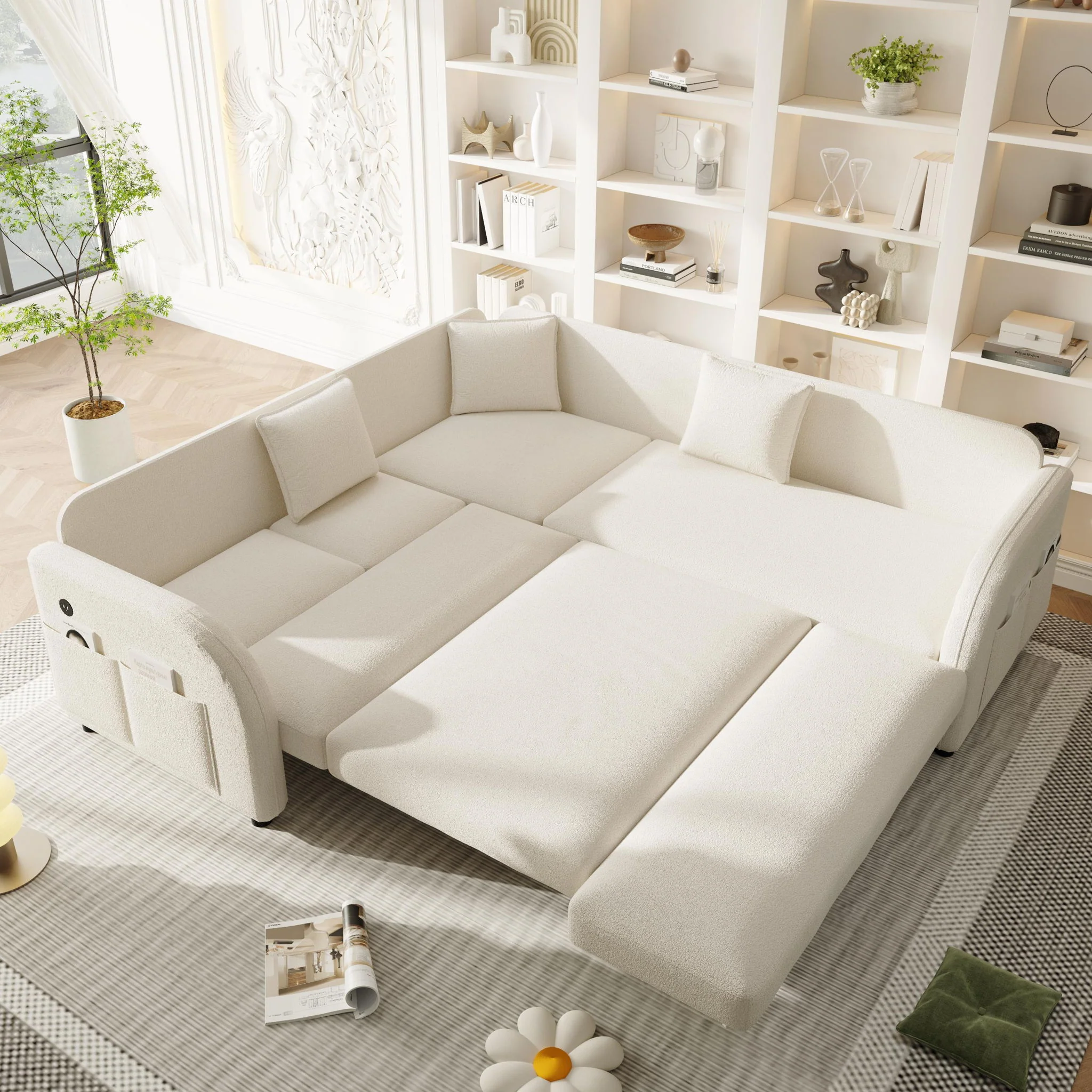 L-Shaped Couch With Pull-Out Bed, Oversize Convertible Sleeper Sofa With Side Pocket & USB Port - Image 25