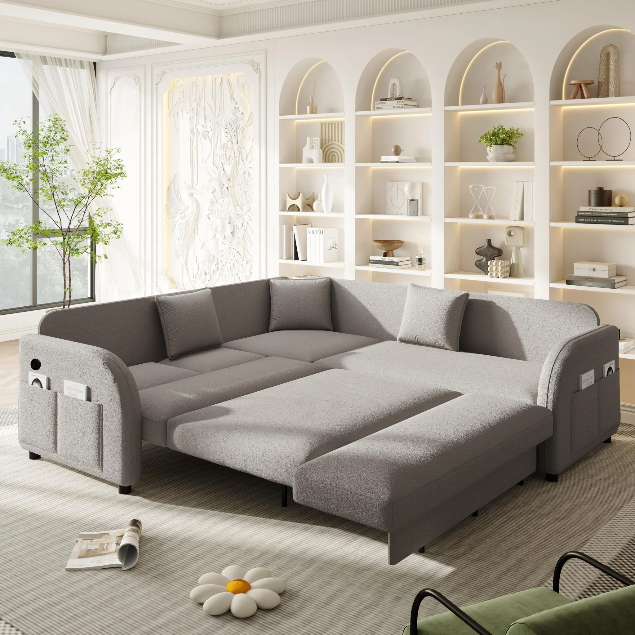 L-Shaped Couch With Pull-Out Bed, Oversize Convertible Sleeper Sofa With Side Pocket & USB Port - Image 5