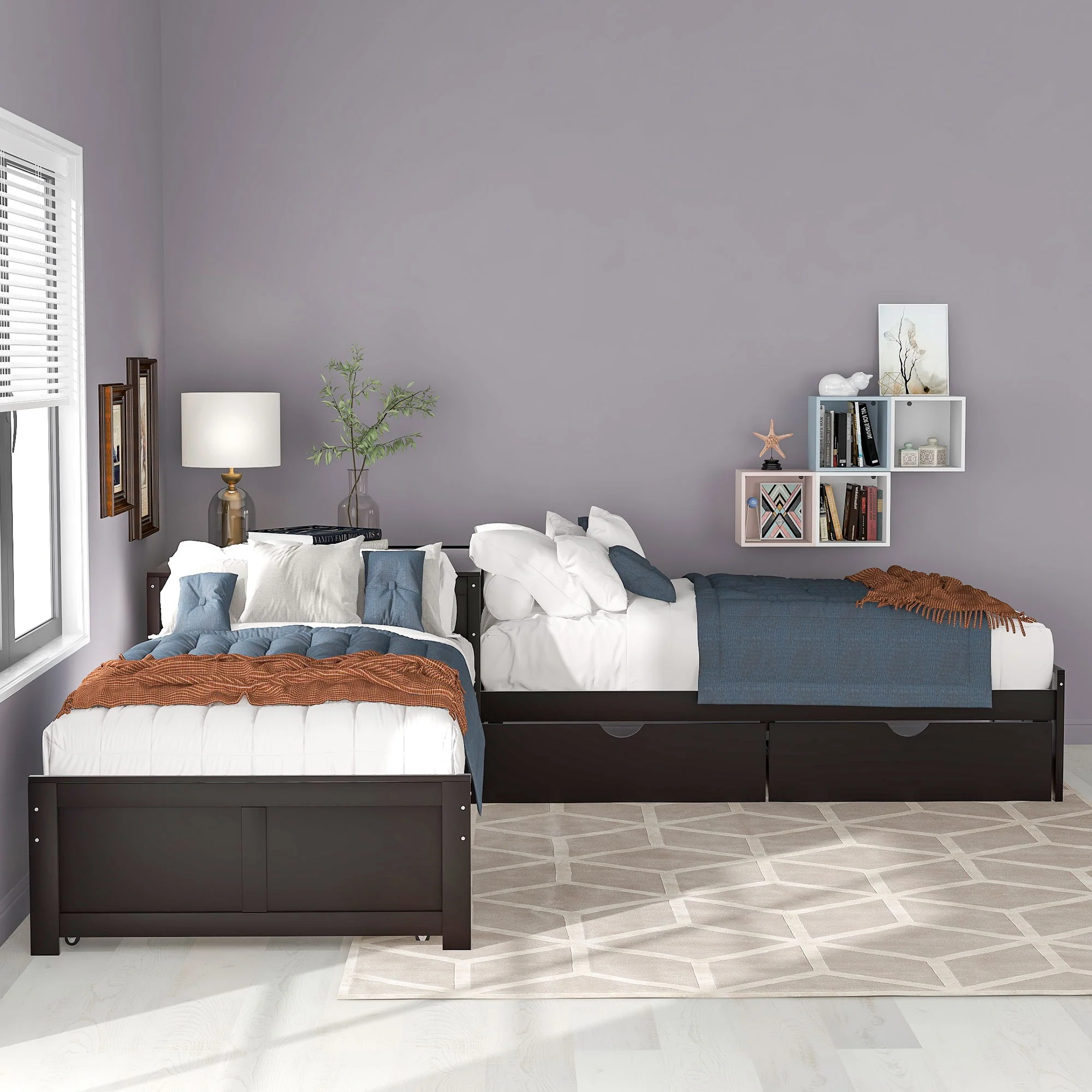 L Shaped Platform Bed With Trundle And Drawers Linked With Built In Desk - Image 17