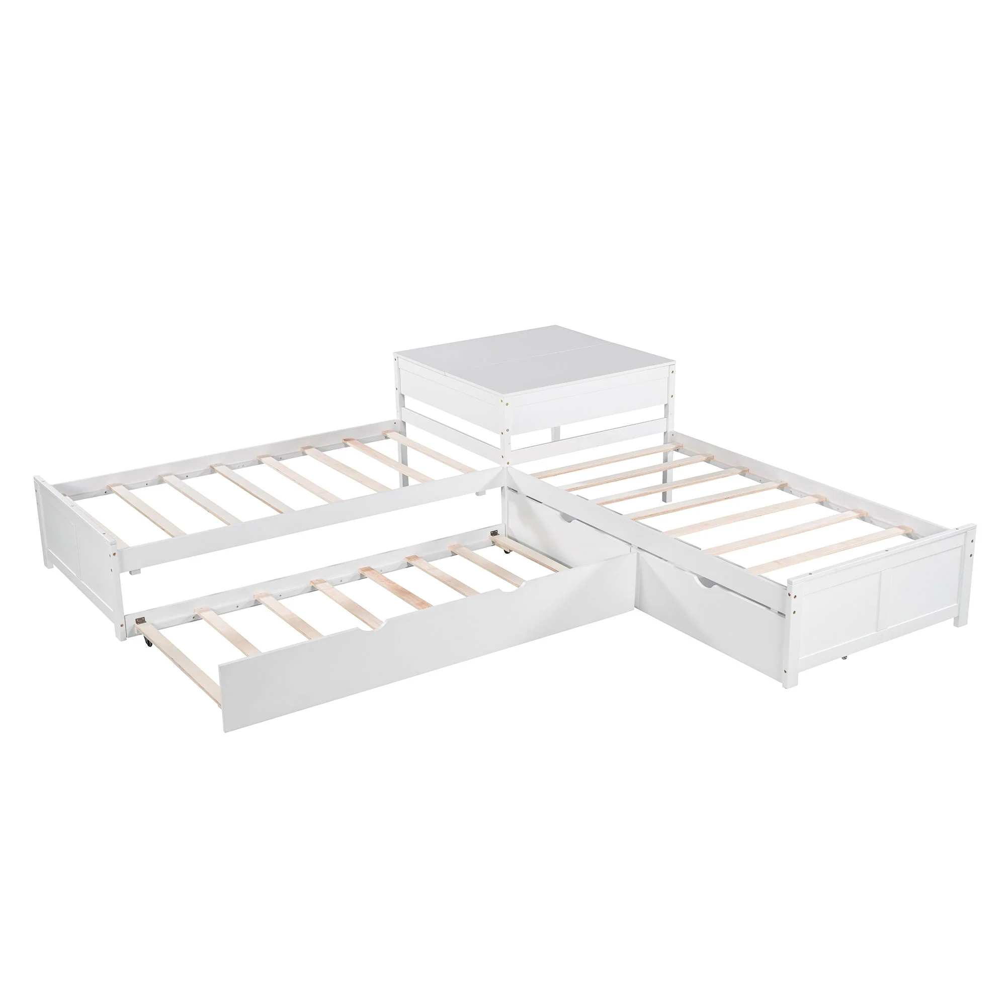 L Shaped Platform Bed With Trundle And Drawers Linked With Built In Desk - Image 22