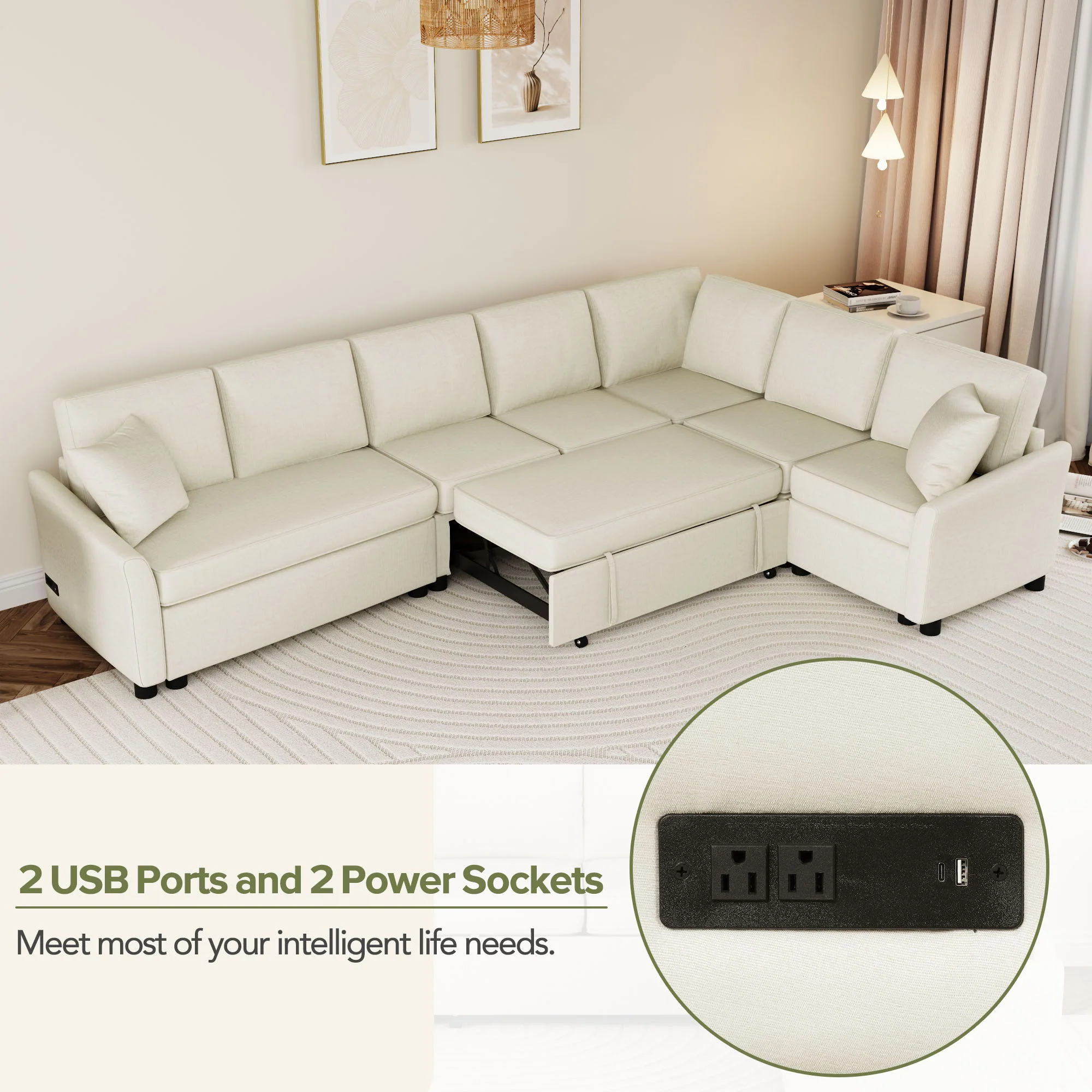 L-Shaped Sofa Convertible Sofa Bed Pull Out Sofa Sleeper With Two Back Pillows, Two USB Ports And Two Power Sockets For Living Room - Image 4