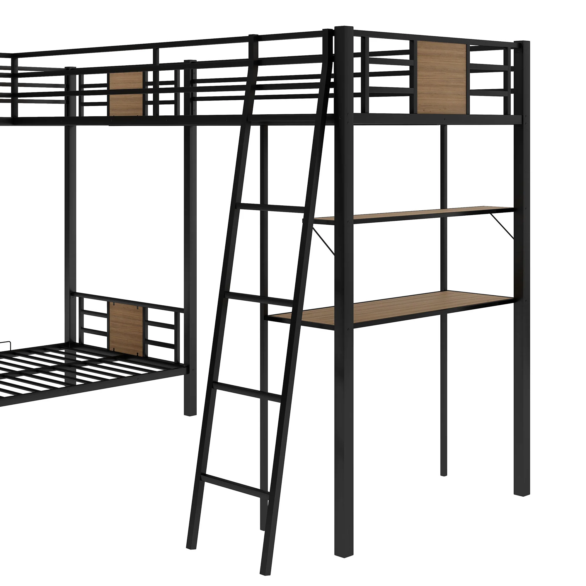 L-Shaped Twin Over Twin Bunk Bed With Twin Size Loft Bed With Desk And Shelf - Brown - Image 5