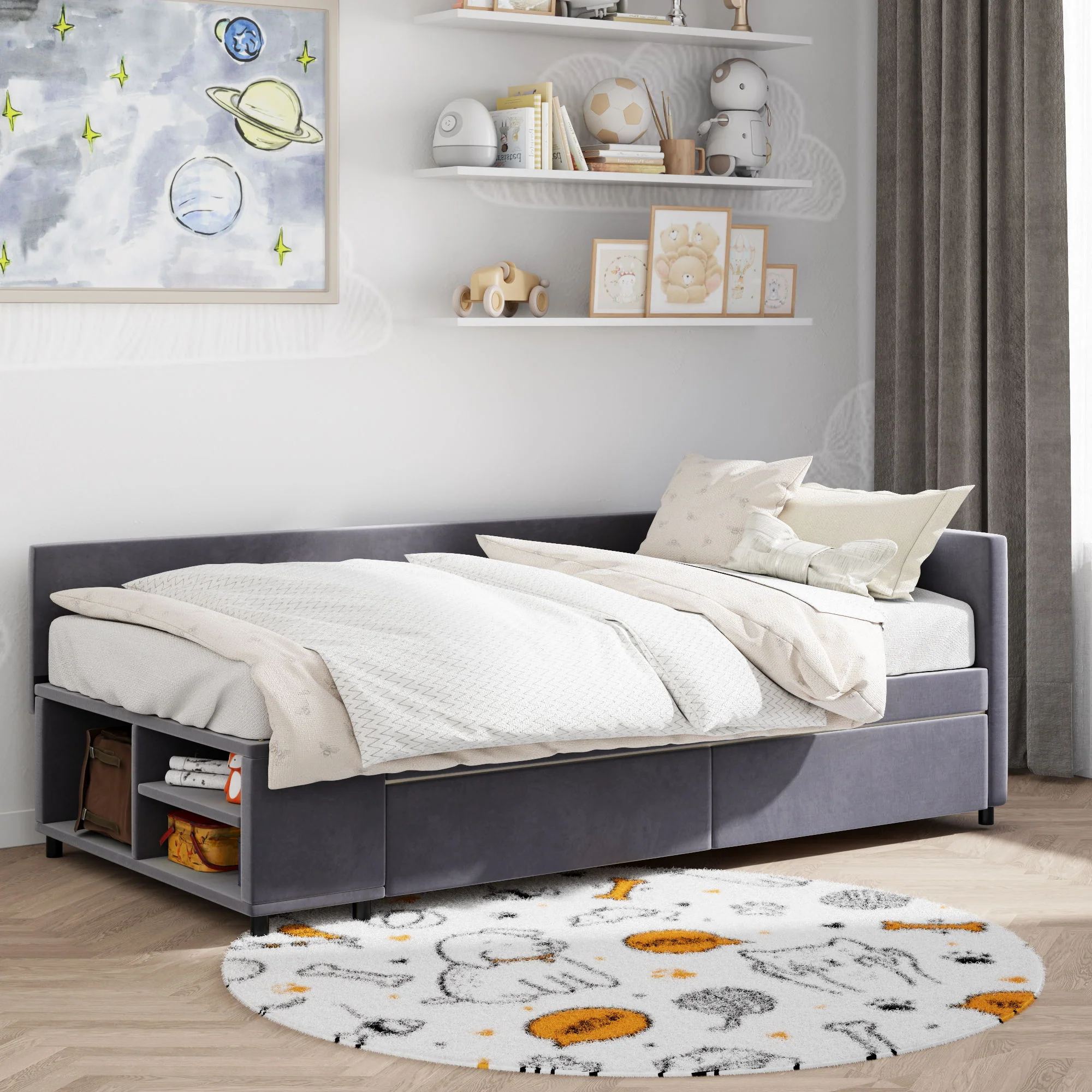 L Shaped Upholstered Platform Bed With Storage And Drawers - Image 6