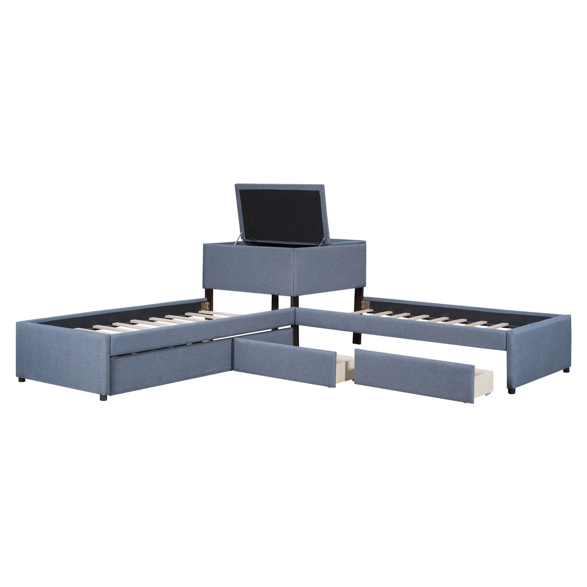 L Shaped Upholstered Platform Bed With Trundle And 2 Drawers Linked With Built In Desk - Image 2