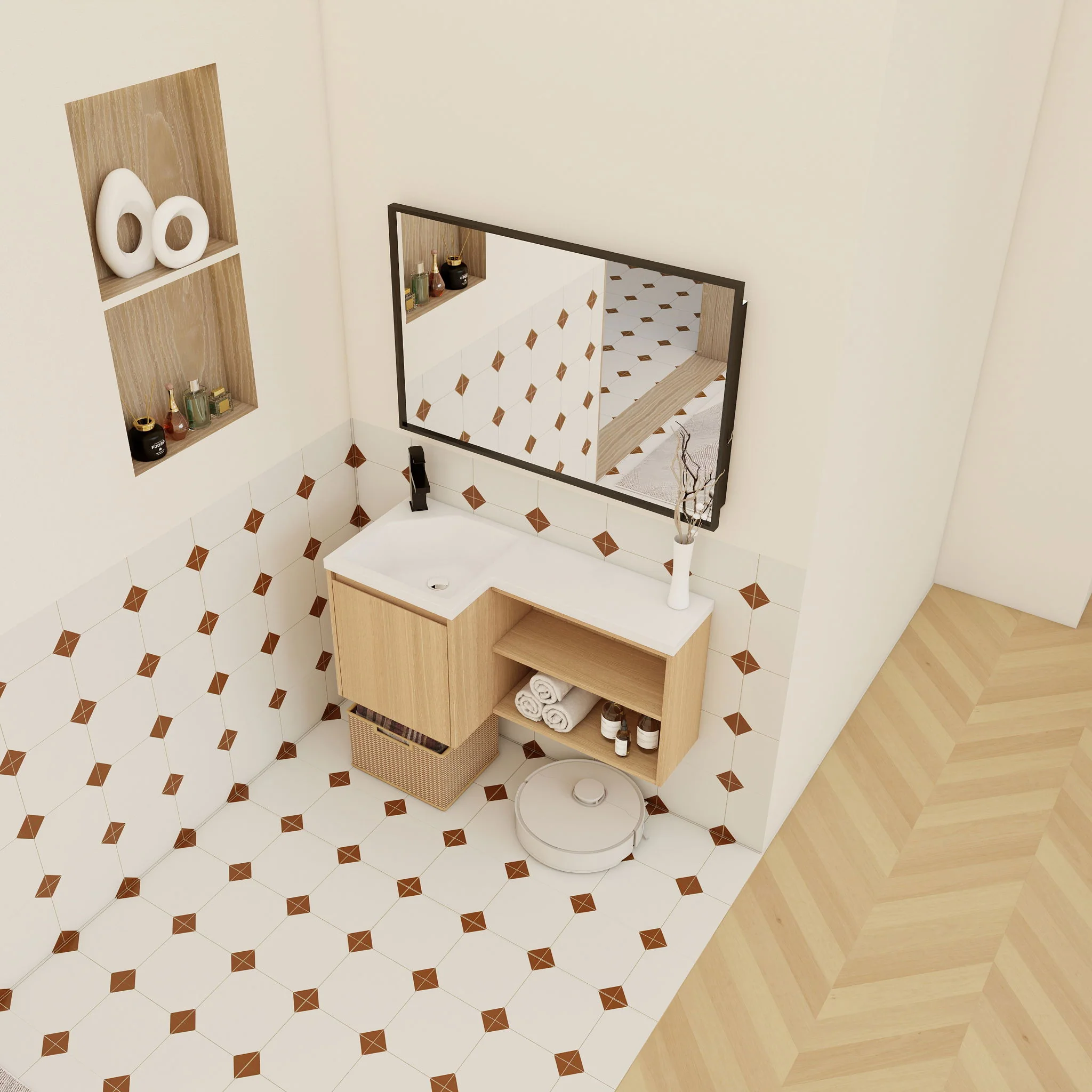 L-Shaped Wall Mounte Floating Bathroom Vanity With Integrated Sink - Image 12