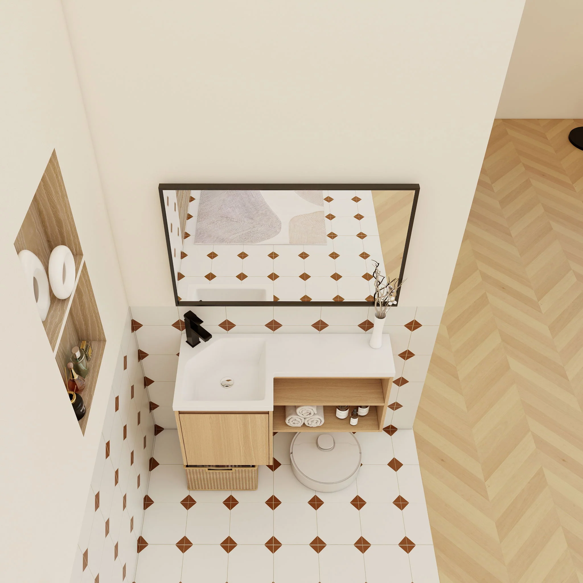 L-Shaped Wall Mounte Floating Bathroom Vanity With Integrated Sink - Image 16