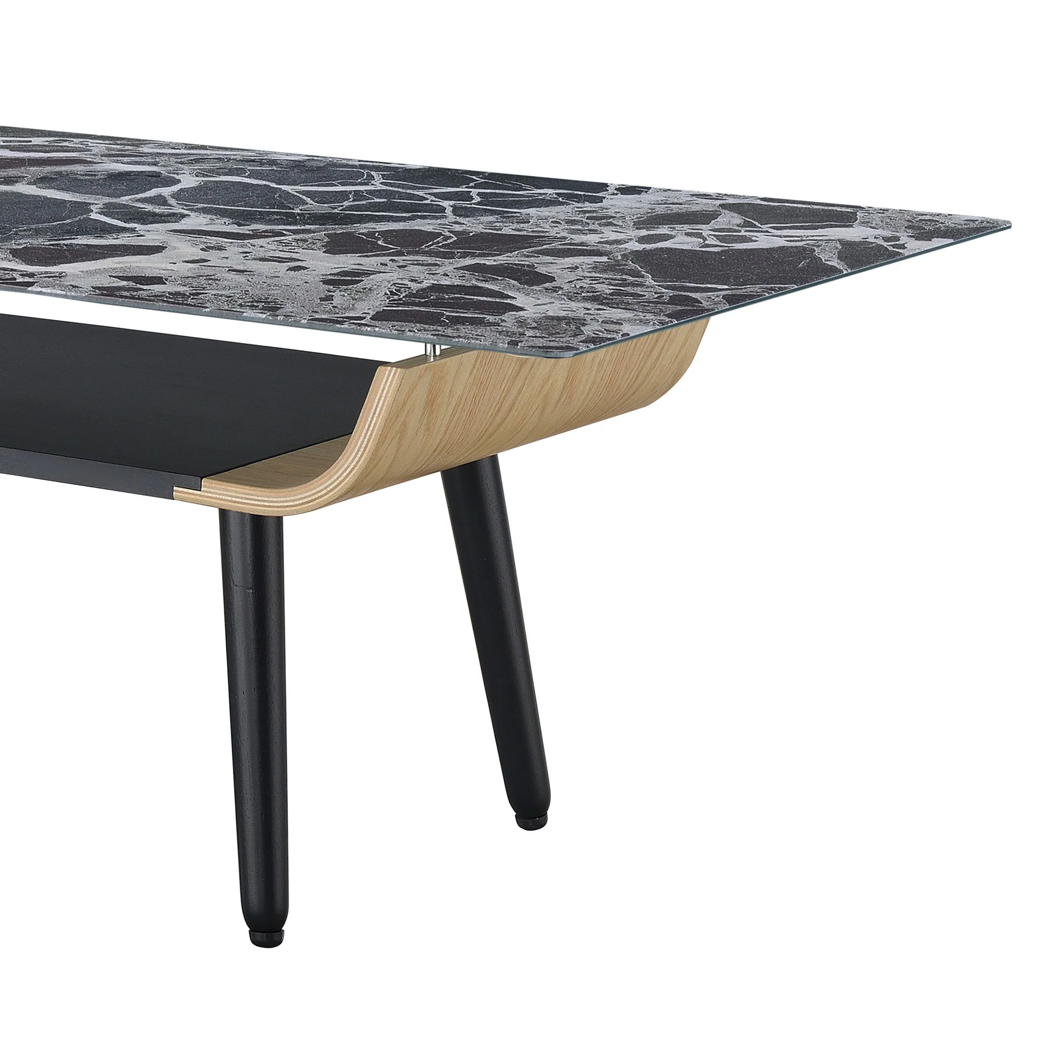 Landon - Coffee Table With Glass Marble Texture Top And Bent Wood Design - Image 5