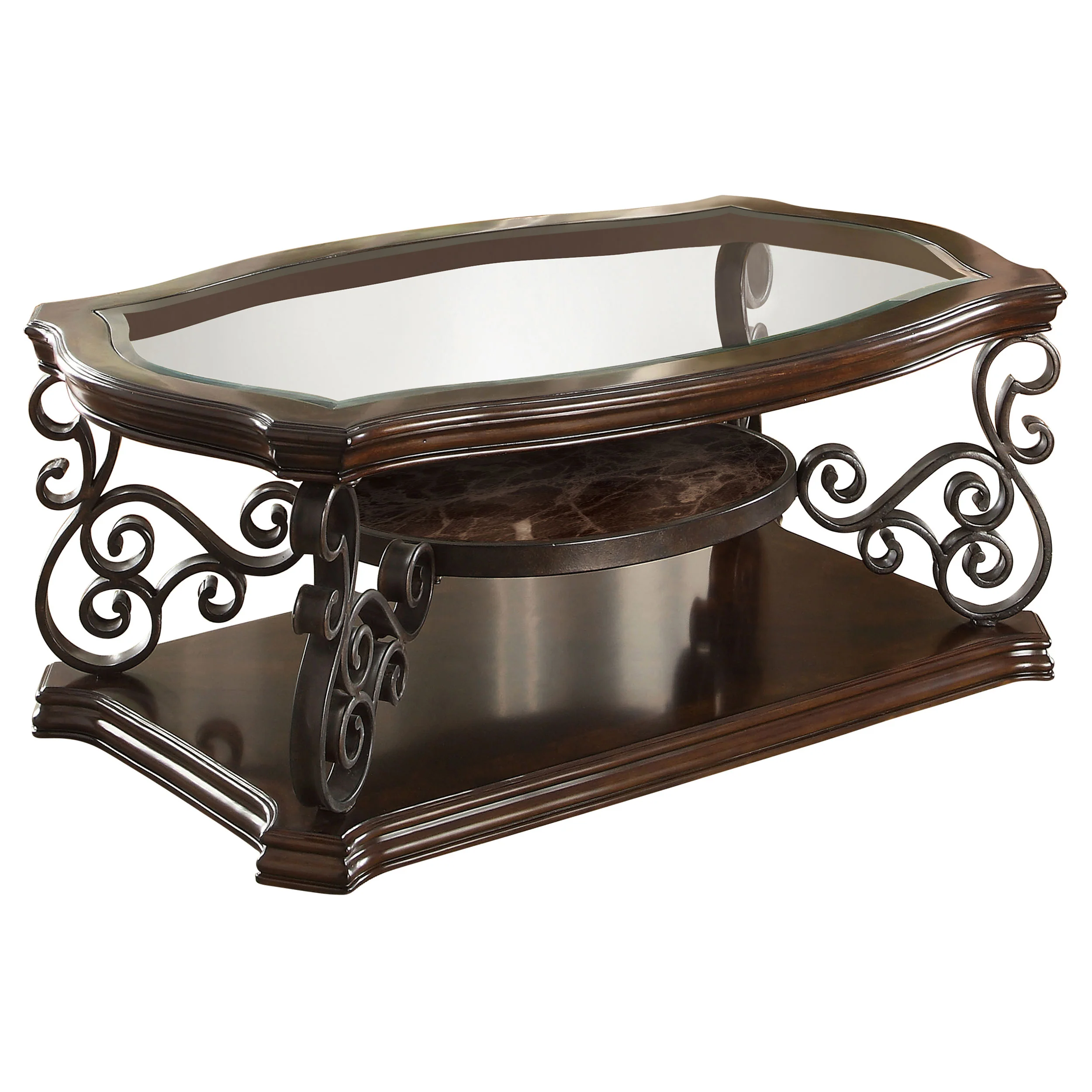 Laney 1-Shelf Glass Top Coffee Table, Dark Merlot