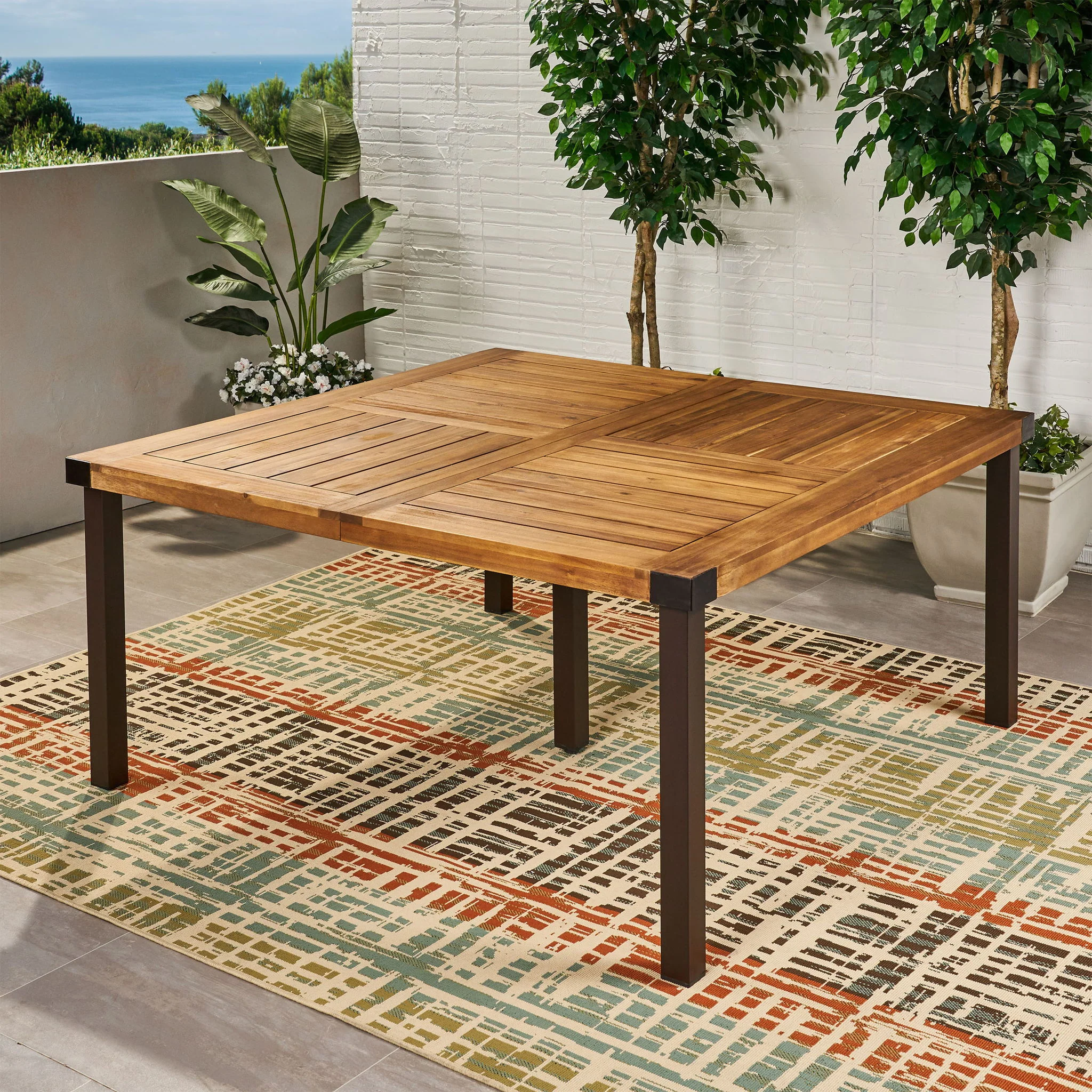 Lankershim - Modern Industrial Dining Table With Acacia Wood Slat Design - Teak - Image 8