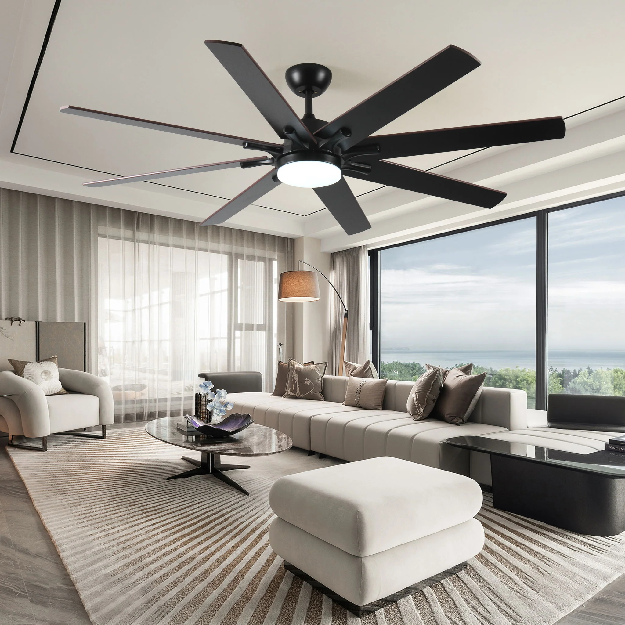 Large Ceiling Fans With Lights And Remote, Indoor / Outdoor Modern Ceiling Fan For Kitchen Living Room Patio, 6 Speed Reversible Quiet DC Motor, Dual Finish 8 Blades - Black - Image 2