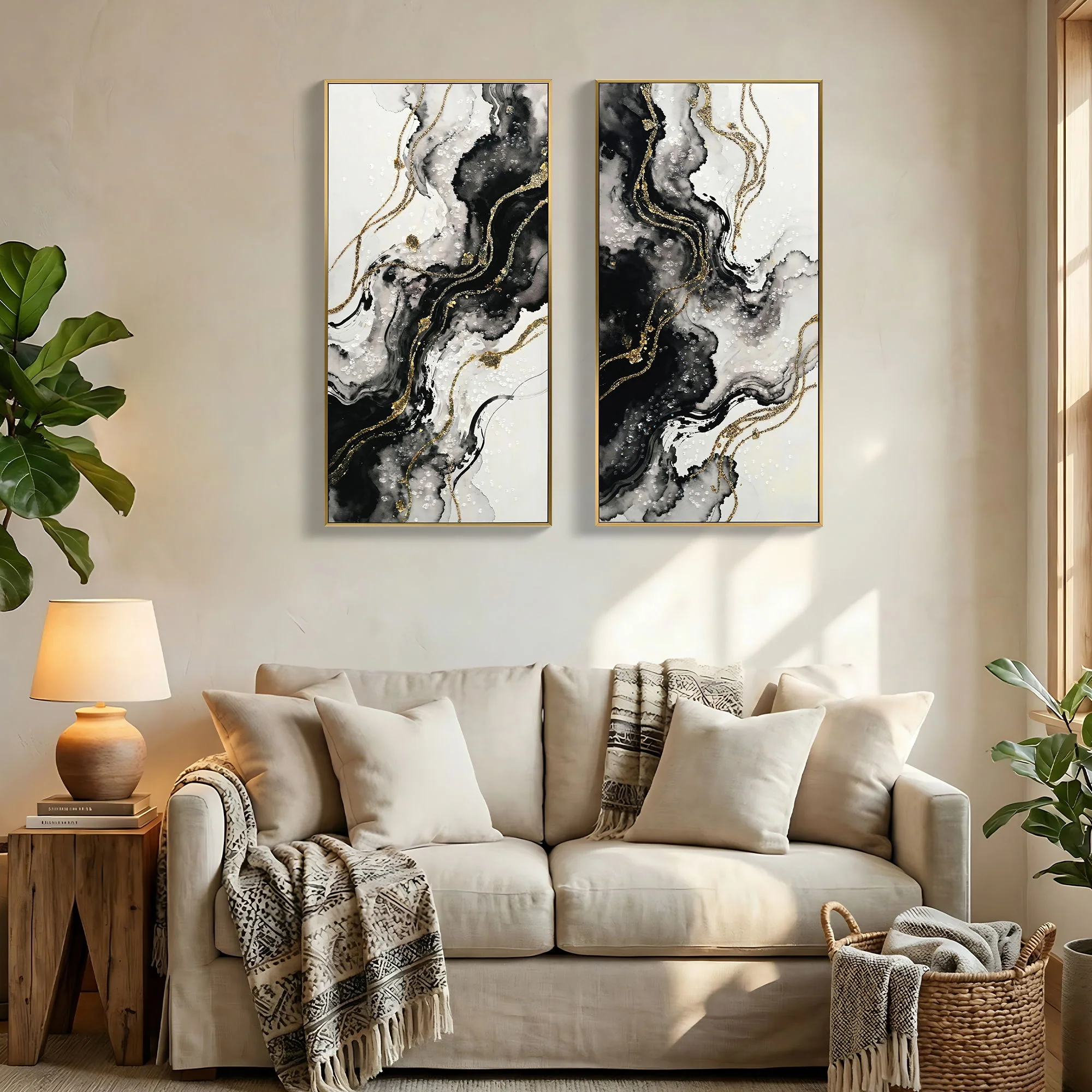 Large Framed And Abstract Wall Art, Minimalist Canvas Prints (Set of 2) - White / Black - Image 7