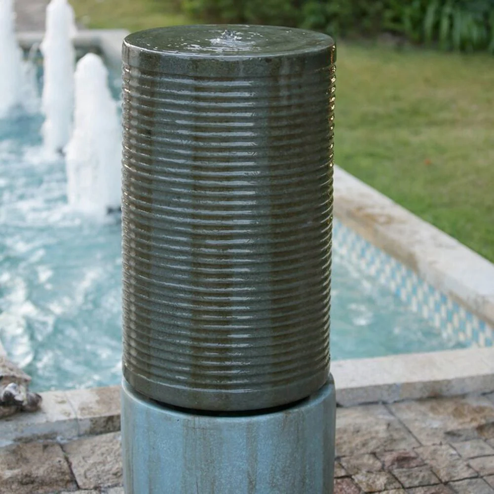 Large Modern Cylinder Ribbed Tower Water Fountain, Contemporary Outdoor Bird Bath - Image 4