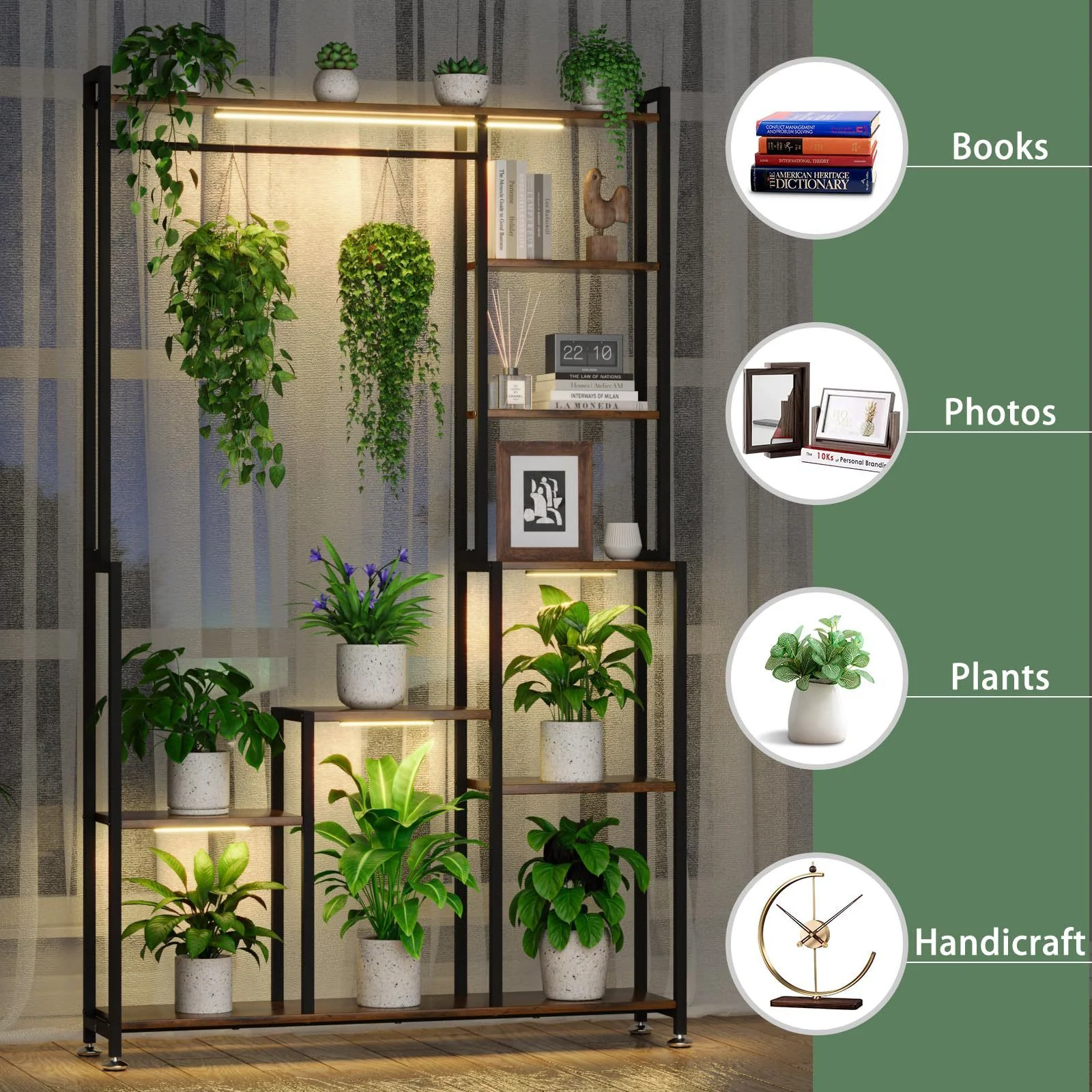 Large Plant Stand Indoor With Grow Light, Tall Plant Shelf, 8 Tiered Heavy Duty Metal Plant Stand, Square Flower Stand Display Rack For Living Room - Walnut / Black - Image 2