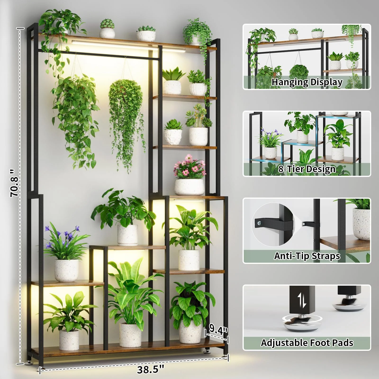 Large Plant Stand Indoor With Grow Light, Tall Plant Shelf, 8 Tiered Heavy Duty Metal Plant Stand, Square Flower Stand Display Rack For Living Room - Walnut / Black - Image 3