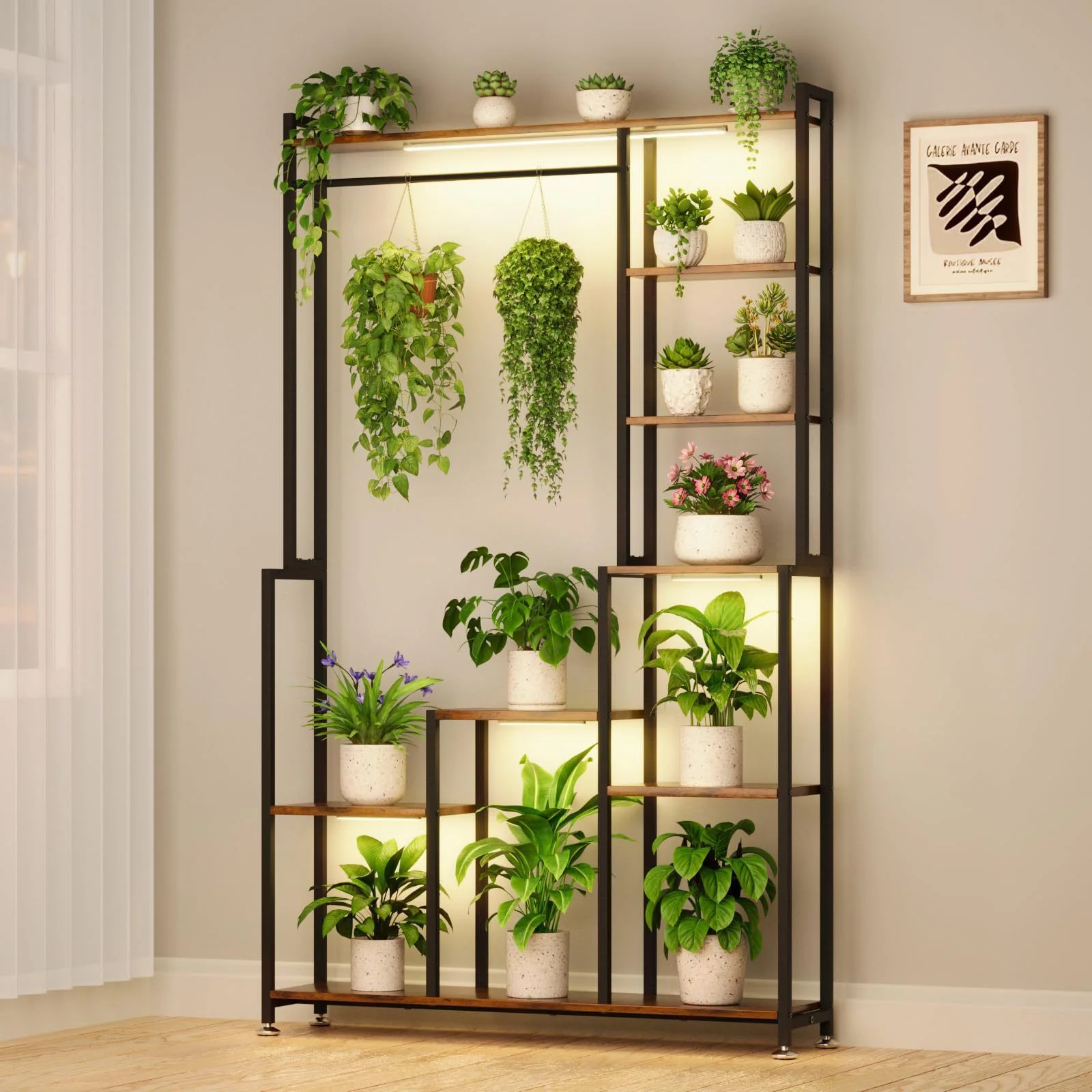 Large Plant Stand Indoor With Grow Light, Tall Plant Shelf, 8 Tiered Heavy Duty Metal Plant Stand, Square Flower Stand Display Rack For Living Room - Walnut / Black - Image 7