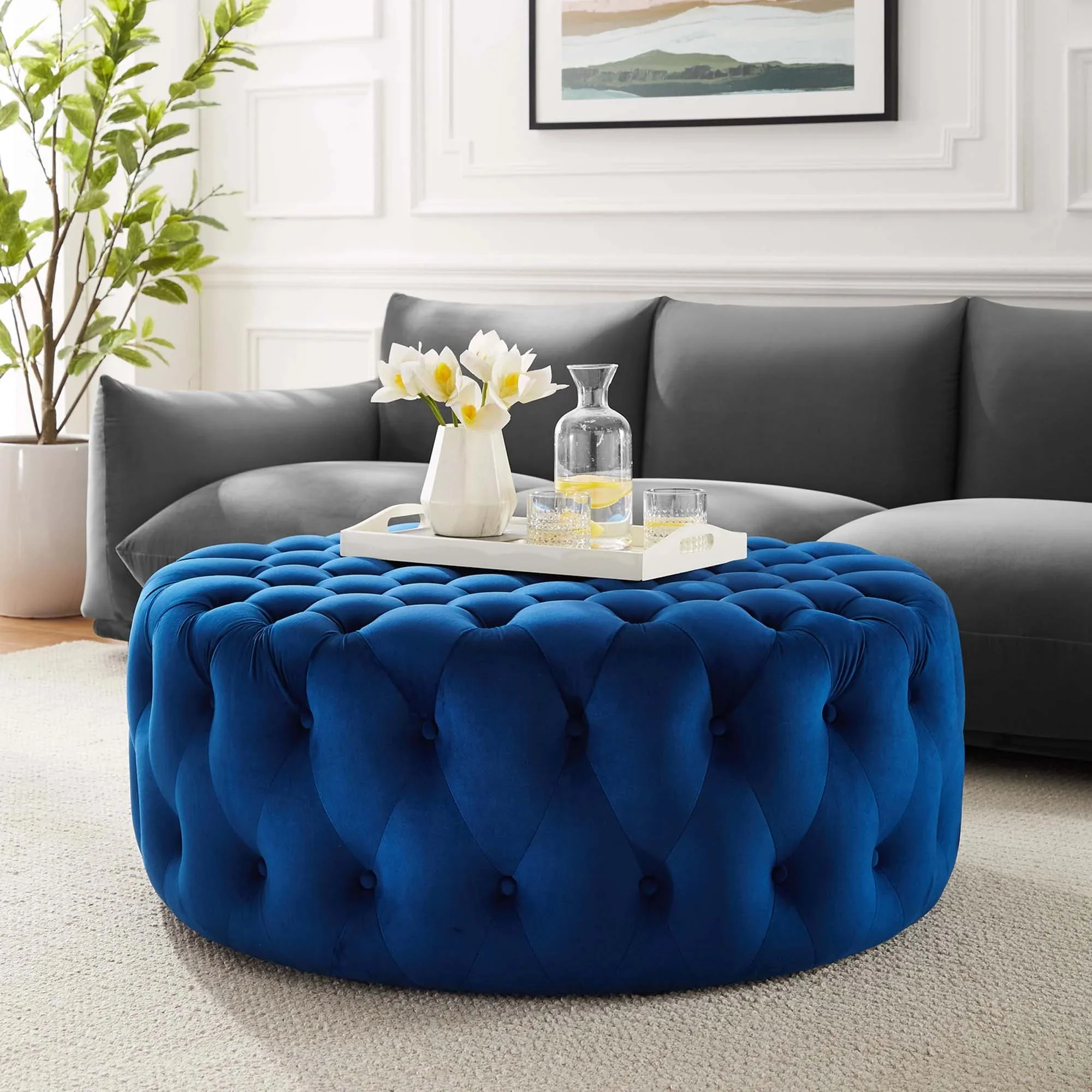 Large Round Tufted Velvet Ottoman – Upholstered 40 Inch - Image 49
