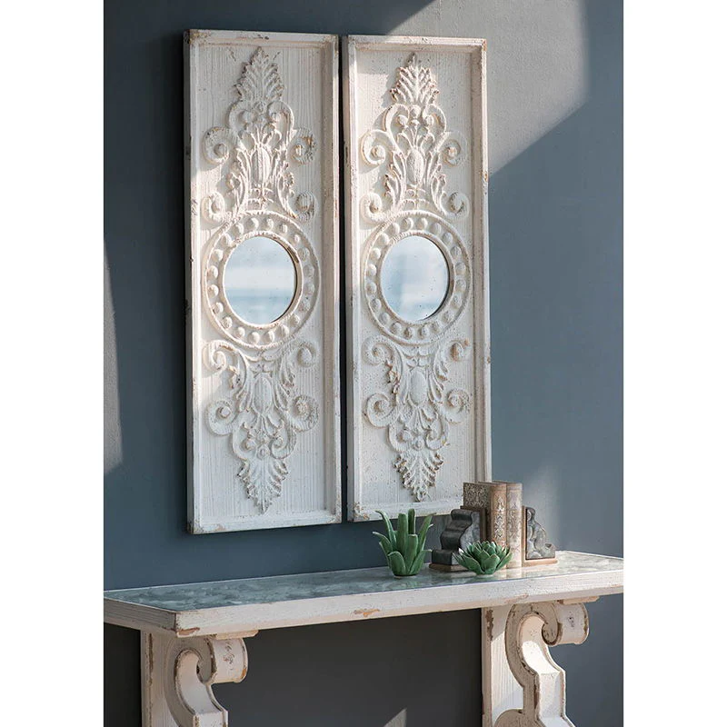 Large Wooden Wall Art Panels With Distressed Round Mirror Accents (Set of 2) - White - Image 6