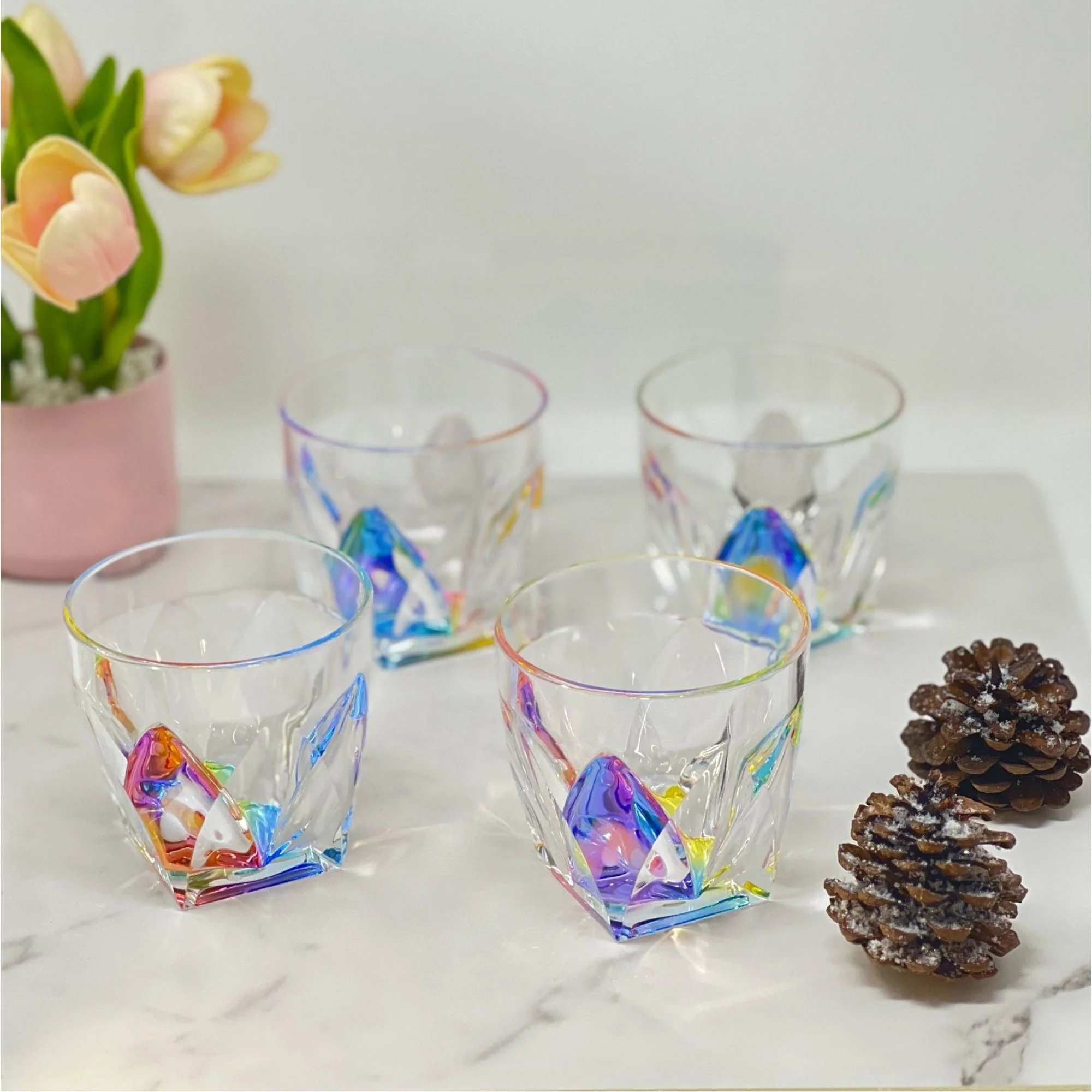 Leading Ware Rainbow Diamond Acrylic Glasses Drinking (Set of 4) Dof 9Oz Bpa Free Plastic Cocktail Glasses - Clear - Image 3