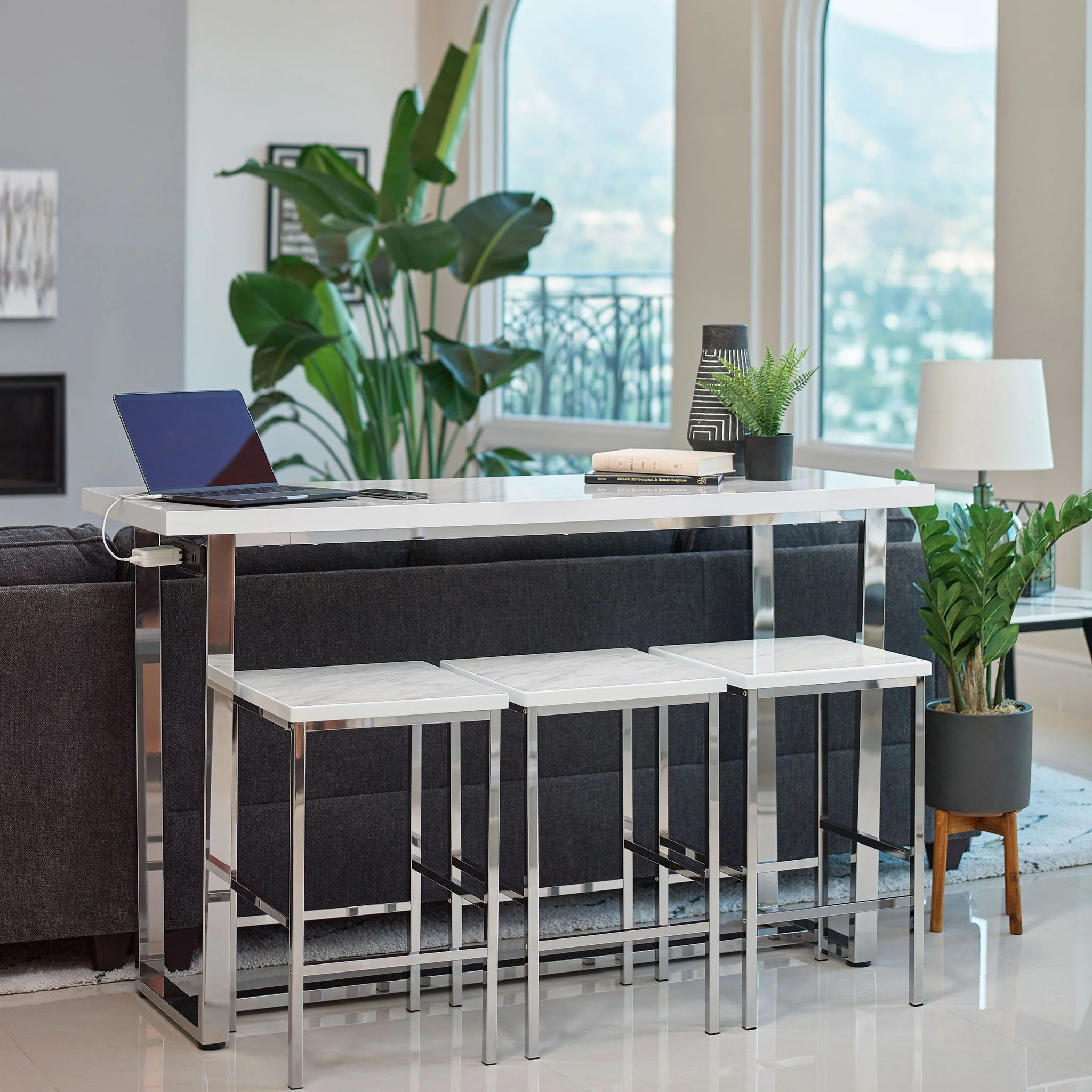 Ledesma - 4 Piece Counter Height Dining Set And Built In Power Unit - White Marble - Image 3