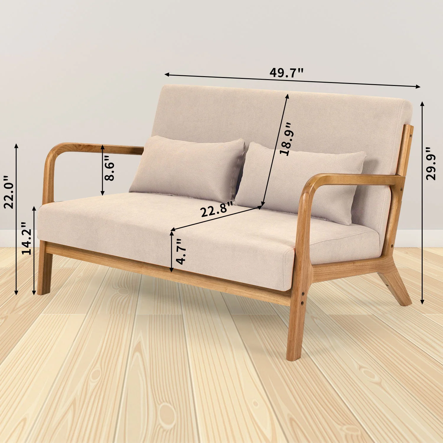 Leisure Chair With Solid Wood Armrest And Feet, Mid-Century Modern Accent Sofa, 2 Seat - Image 10
