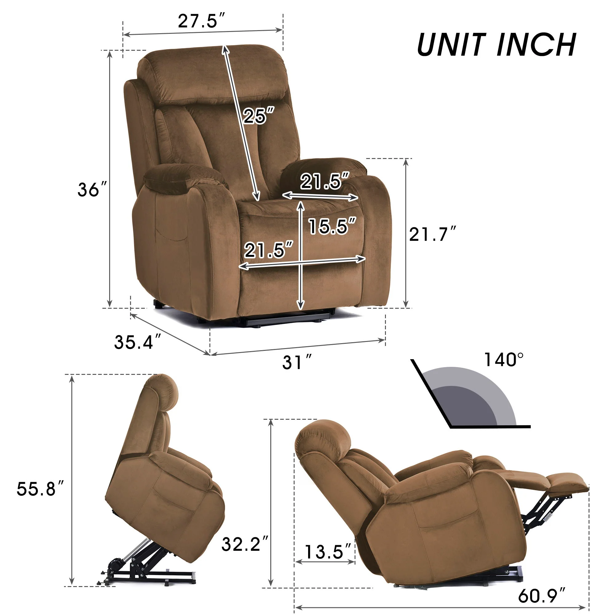 Lift Chair Recliner Power Remote Control Recliner Sofa Relax Soft Chair Anti - Skid Australia Cashmere Fabric Furniture Living Room - Brown - Image 9