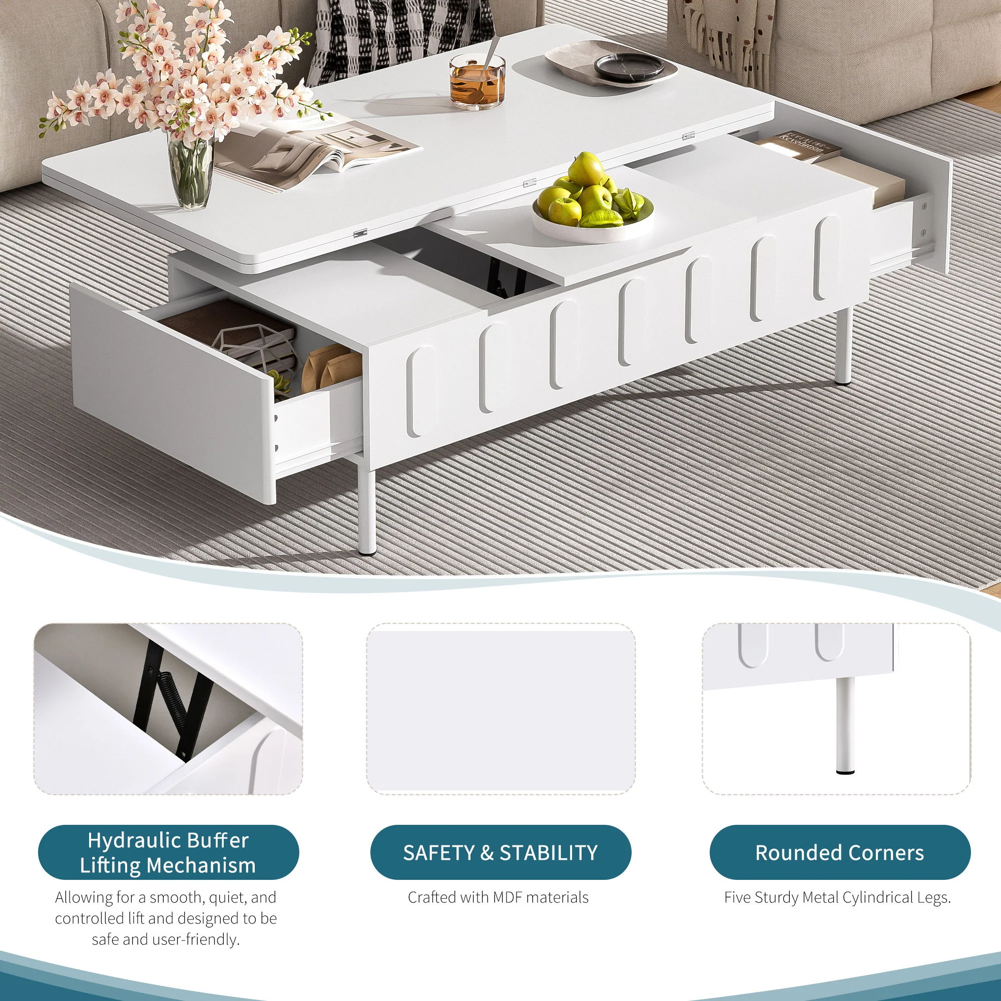 Lift Top Coffee Table With 2 Drawers With Hidden Storage Compartment For Living Room - Image 9