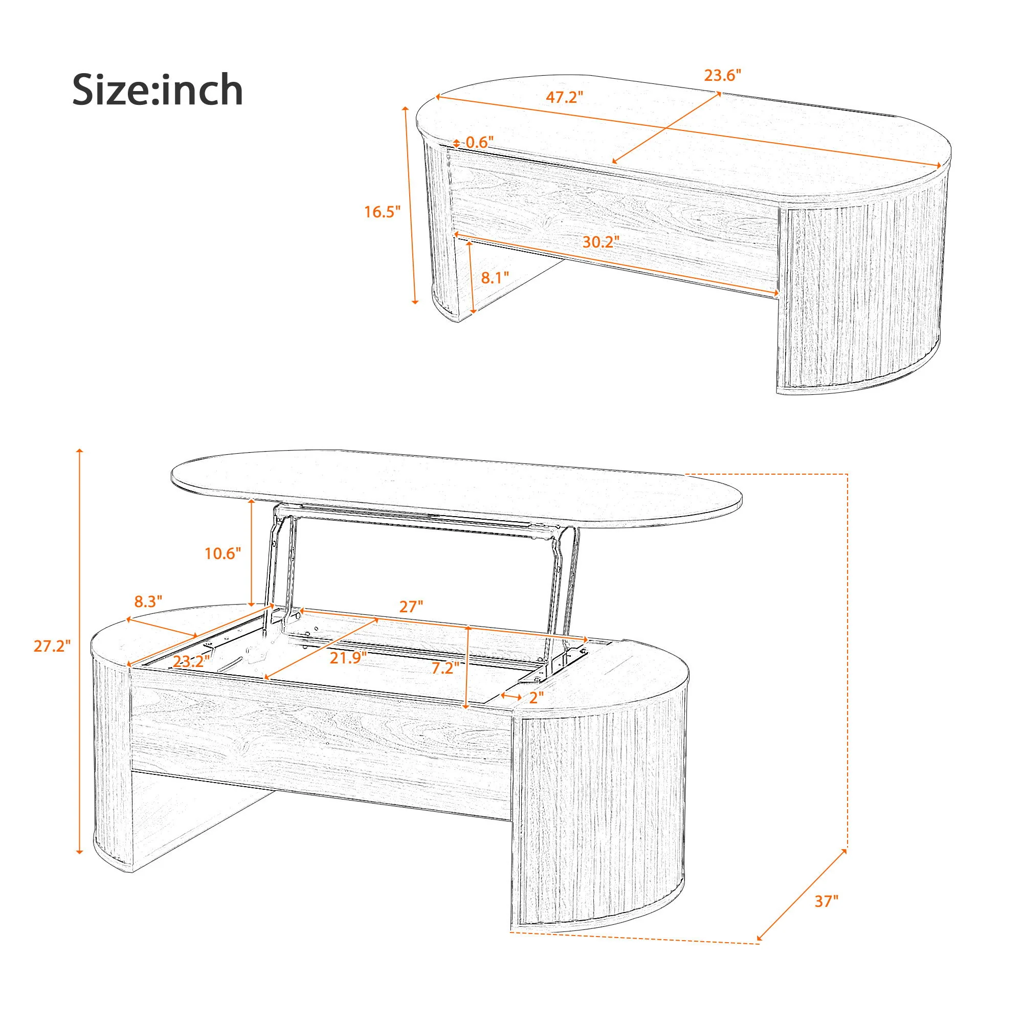 Lift Top Coffee Table With Hidden Compartment, Modern Oval Lift Tabletop For Home Living Room - Image 16