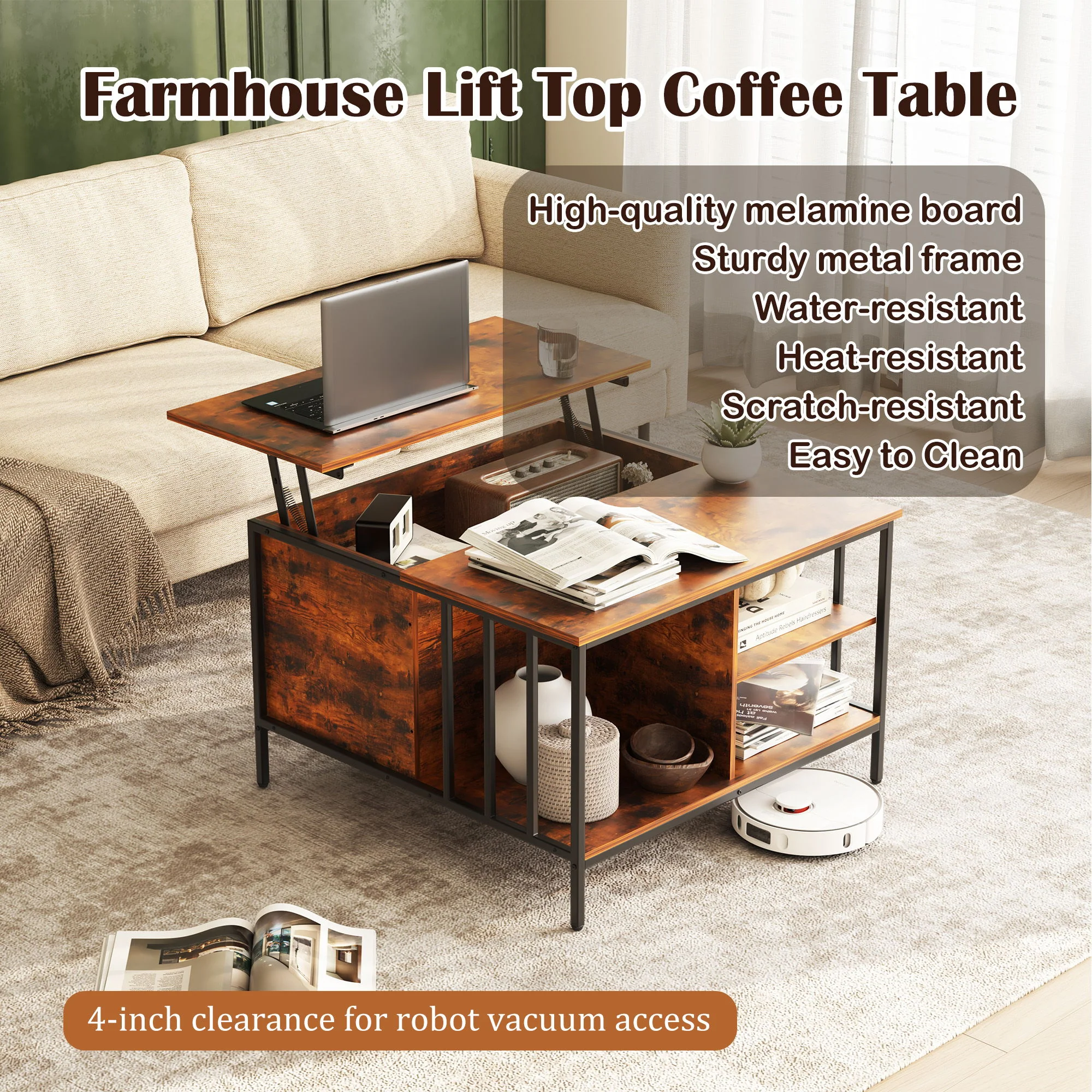 Lift Top Coffee Table With Storage, Adjustable Height Living Room - Black / Brown - Image 6