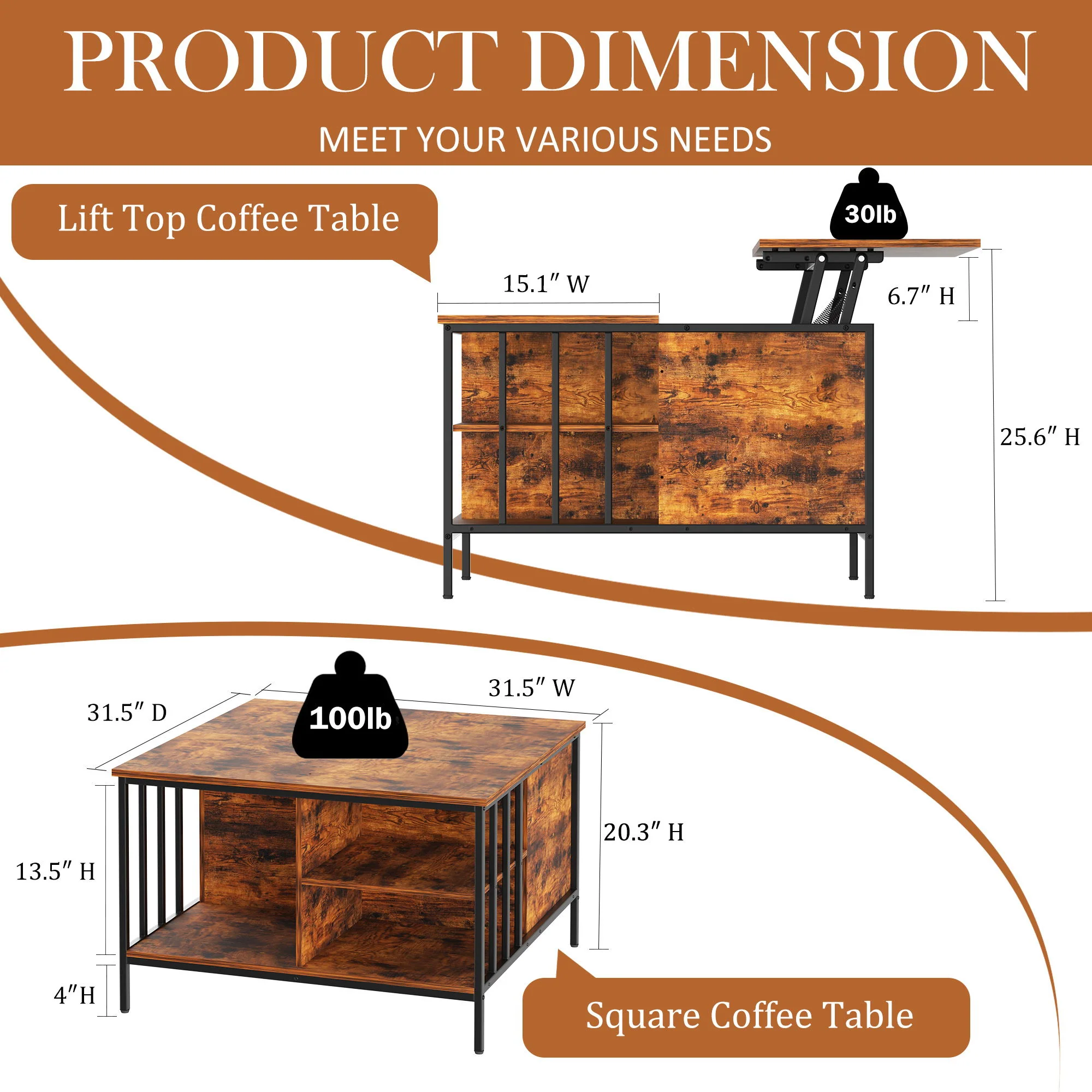 Lift Top Coffee Table With Storage, Adjustable Height Living Room - Black / Brown - Image 9