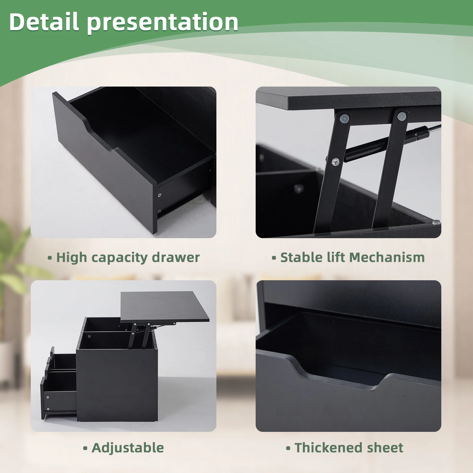 Lift-Top Coffee Table With Storage Center Tables Hidden Compartment & 2 Drawers, Sofa Table For Living Room - Black - Image 4