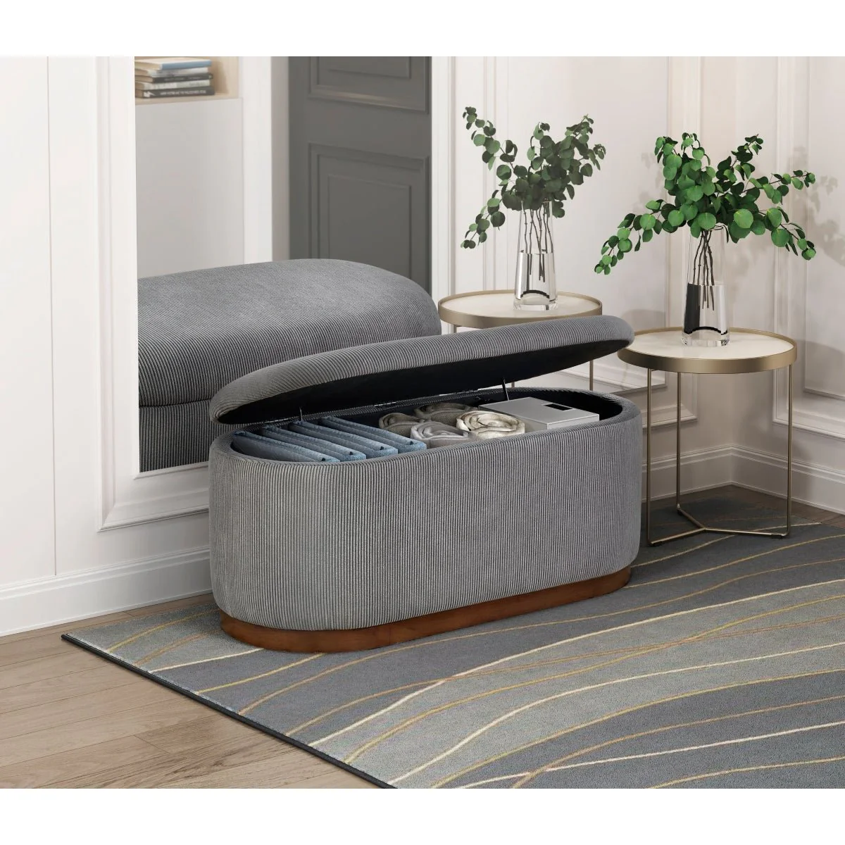 Lift Top Storage Bench Foam Cushioned Seat Gray Corduroy Fabric Upholstery - Image 3