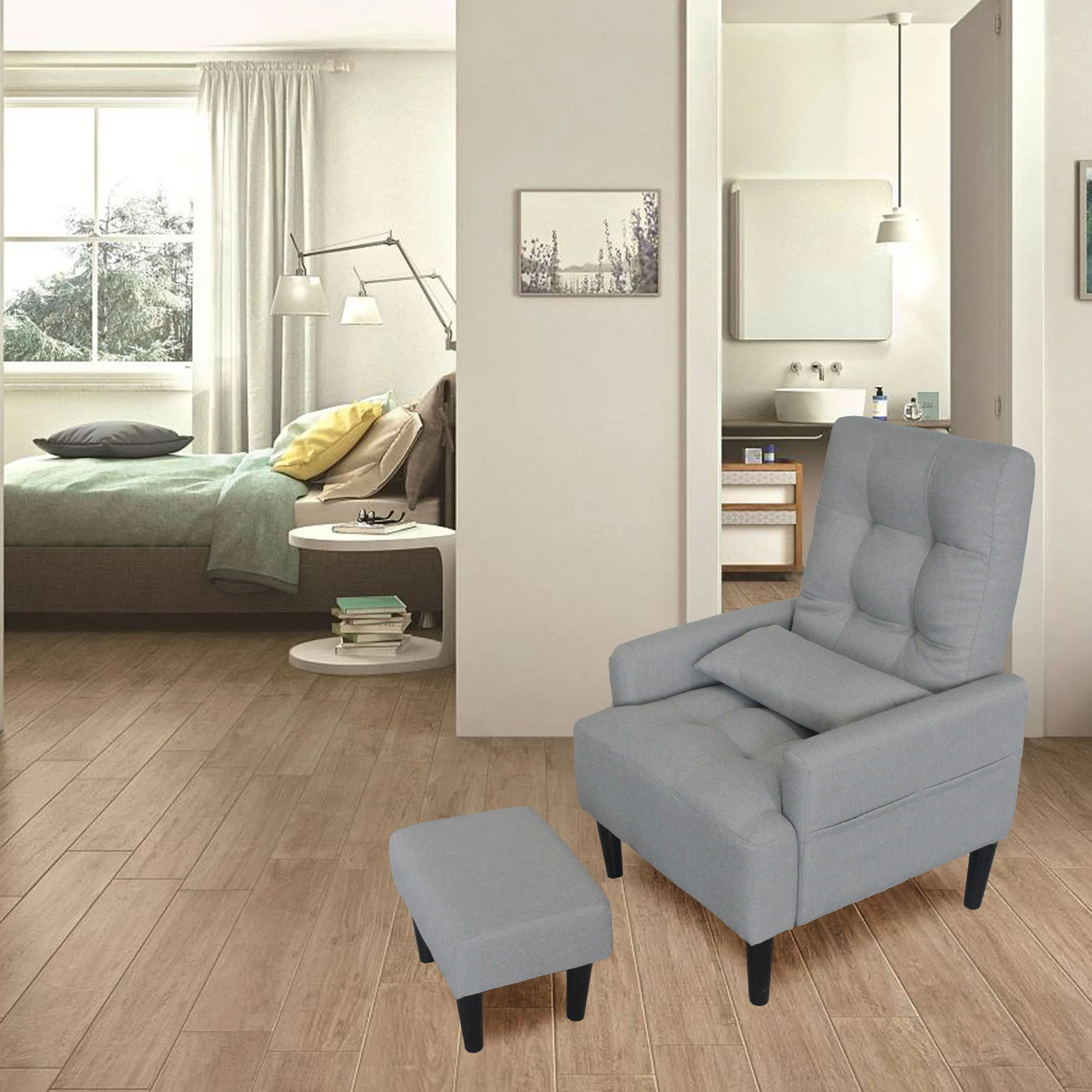 Living Room Sofa Single Chair And Ottoman, Modern Multi-Function Fabric Living Room Sofa Lounge Chair Bed And Stool. Soft Leisure Single Chair Adjustable Into 5 Angles With Sofa Bed - Image 9