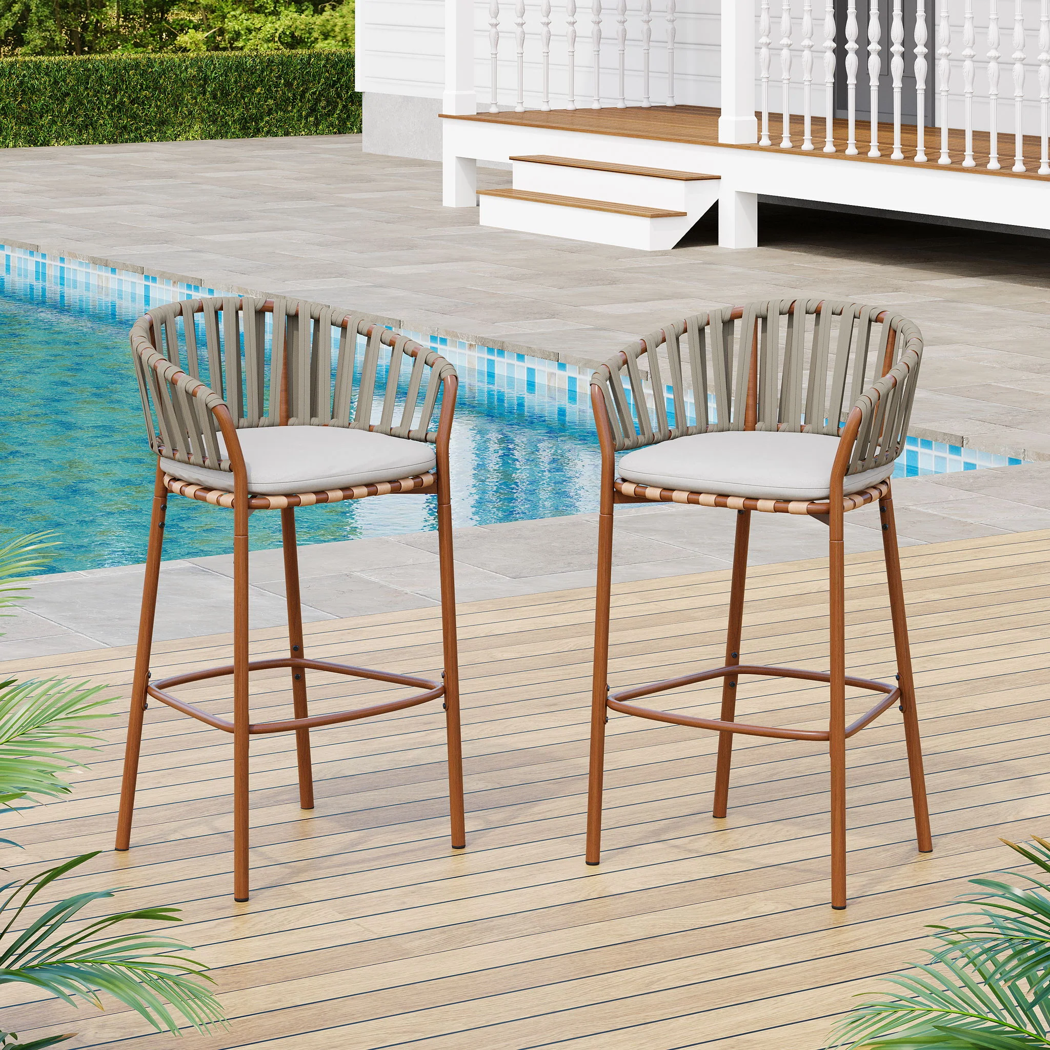 Lodi - Outdoor Matal Rope Barstool, Teak / Beige (Set of 2) - Teak / Beige - Image 5