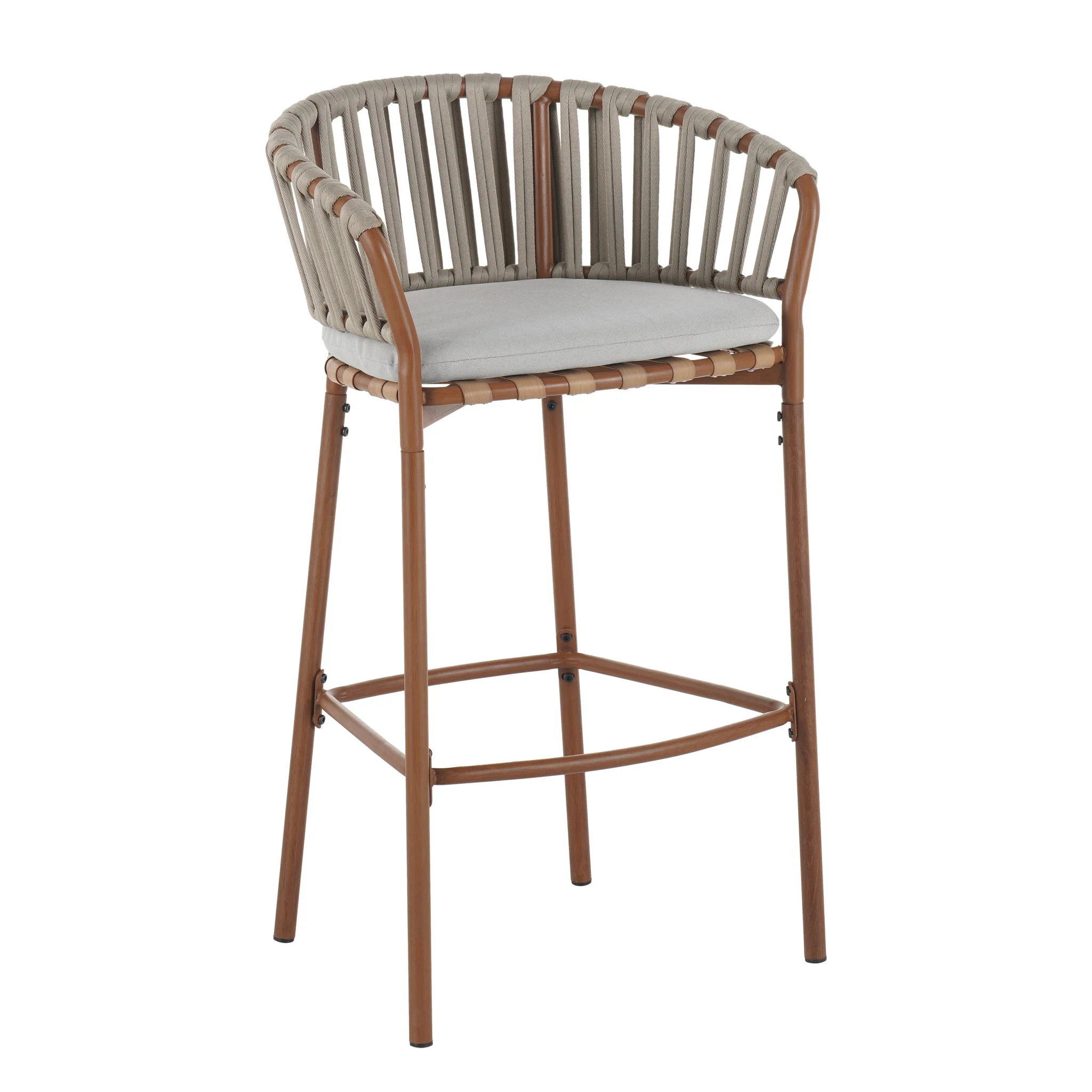 Lodi - Outdoor Matal Rope Barstool, Teak / Beige (Set of 2) - Teak / Beige - Image 6