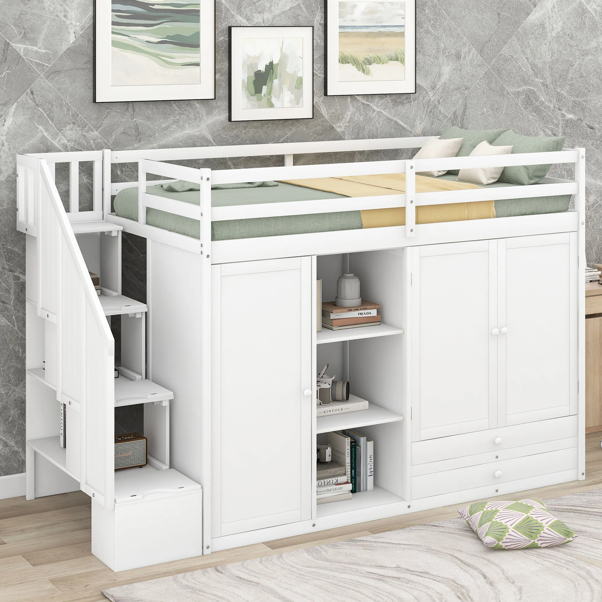 Loft Bed With 3 Shelves, 2 Wardrobes, 2 Drawers, Ladder Storage - Image 16