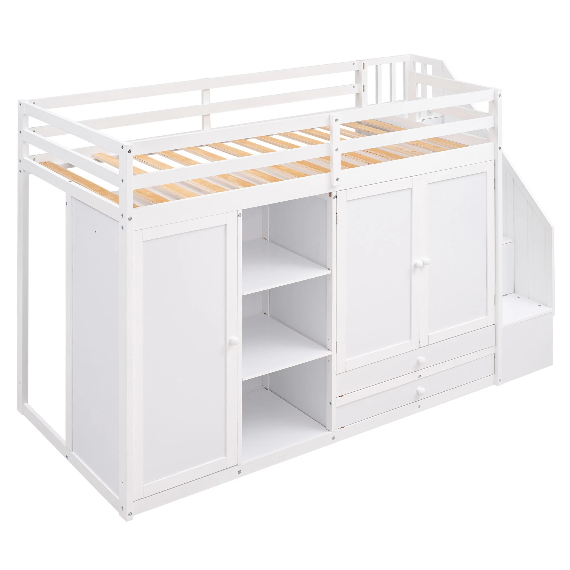 Loft Bed With 3 Shelves, 2 Wardrobes, 2 Drawers, Ladder Storage - Image 17