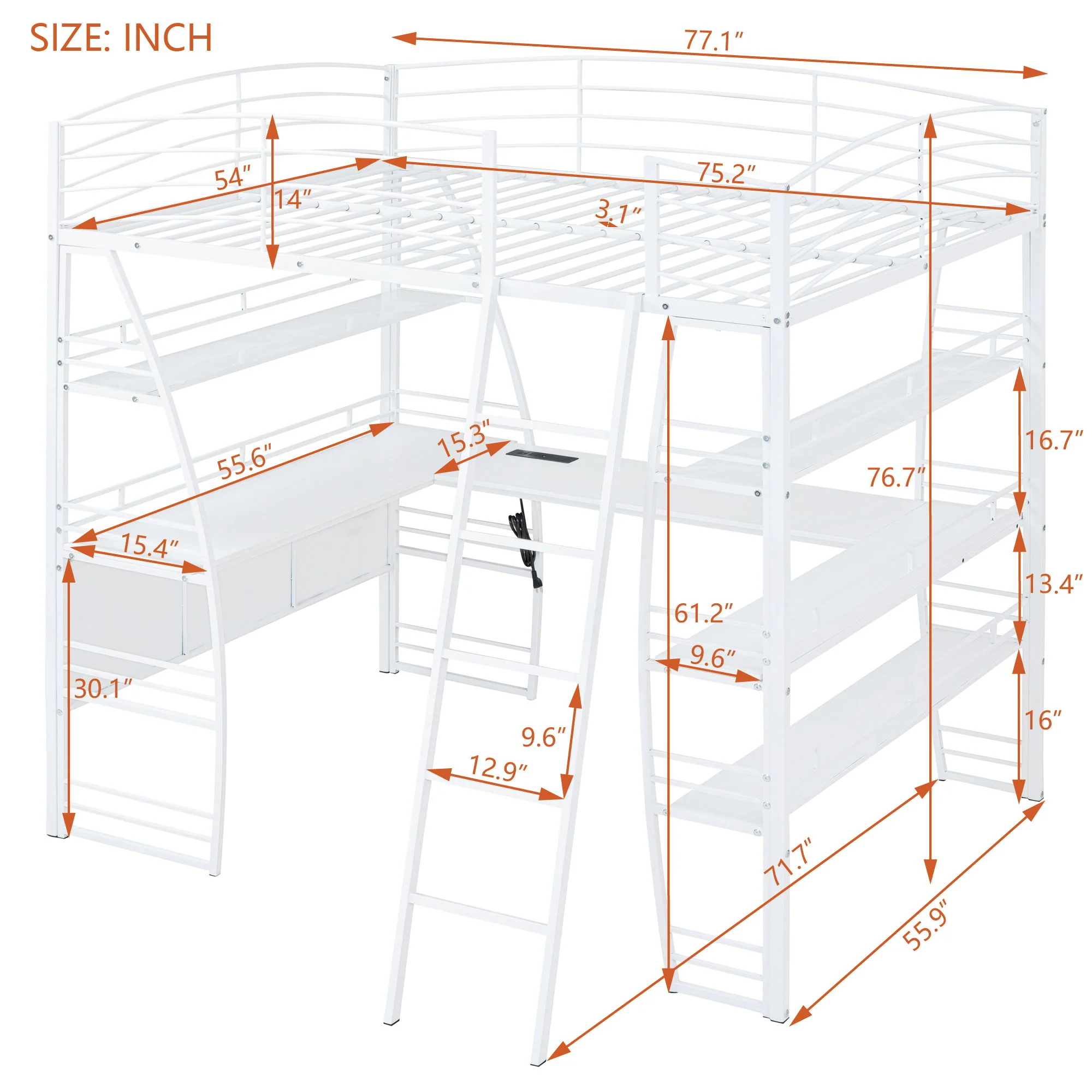 Loft Bed With 4 Layers Of Shelves And L-Shaped Desk, Stylish Metal Frame Bed With A Set Of Sockets, USB Ports And And Wireless Charging - Image 22