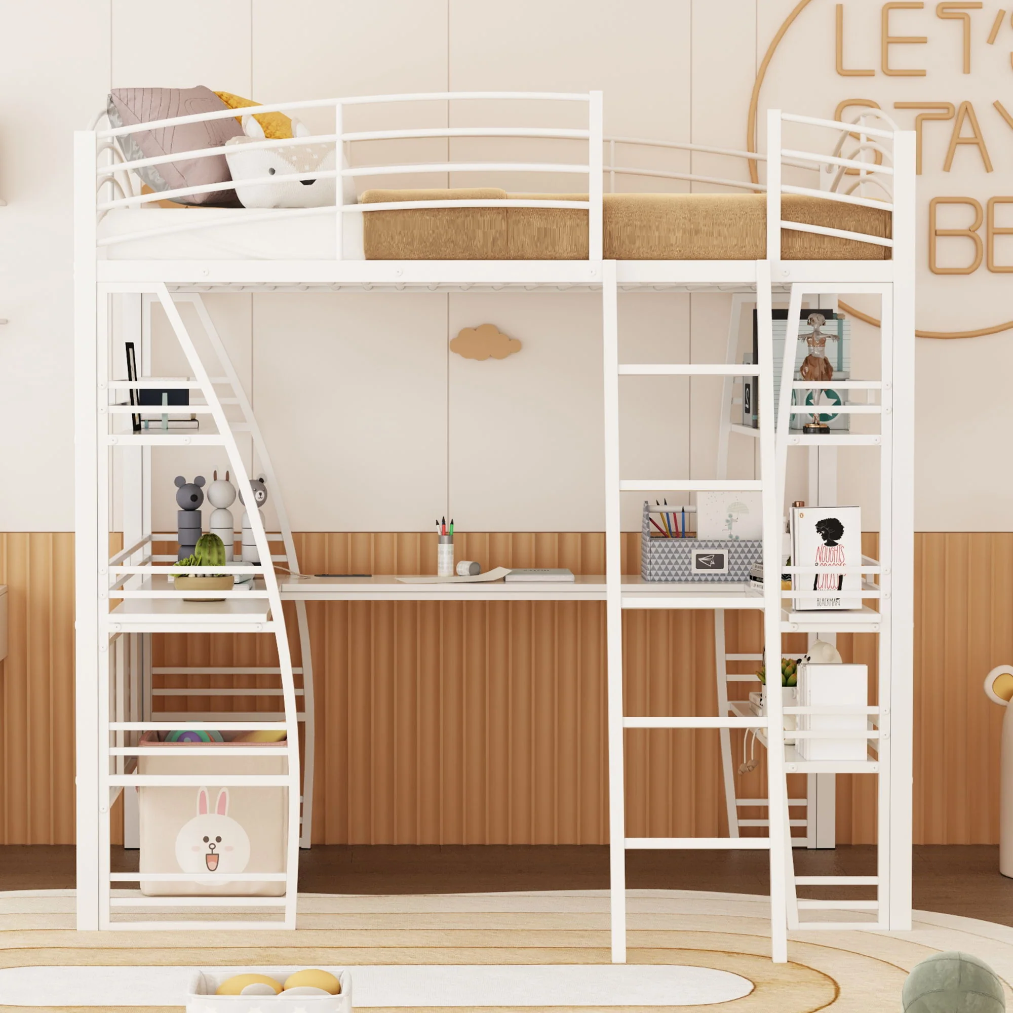 Loft Bed With 4 Layers Of Shelves And L-Shaped Desk, Stylish Metal Frame Bed With A Set Of Sockets, USB Ports And And Wireless Charging - Image 25