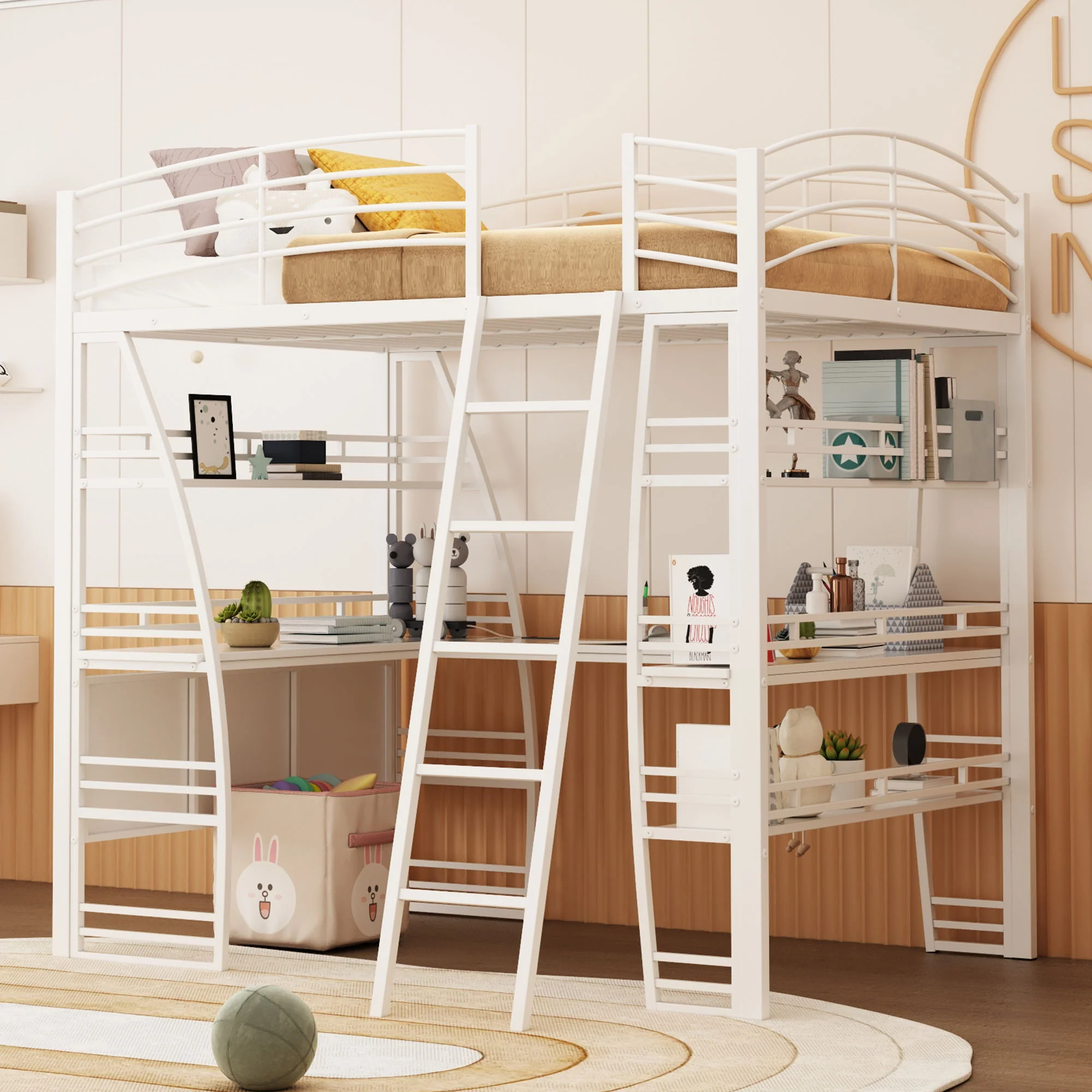 Loft Bed With 4 Layers Of Shelves And L-Shaped Desk, Stylish Metal Frame Bed With A Set Of Sockets, USB Ports And And Wireless Charging - Image 3