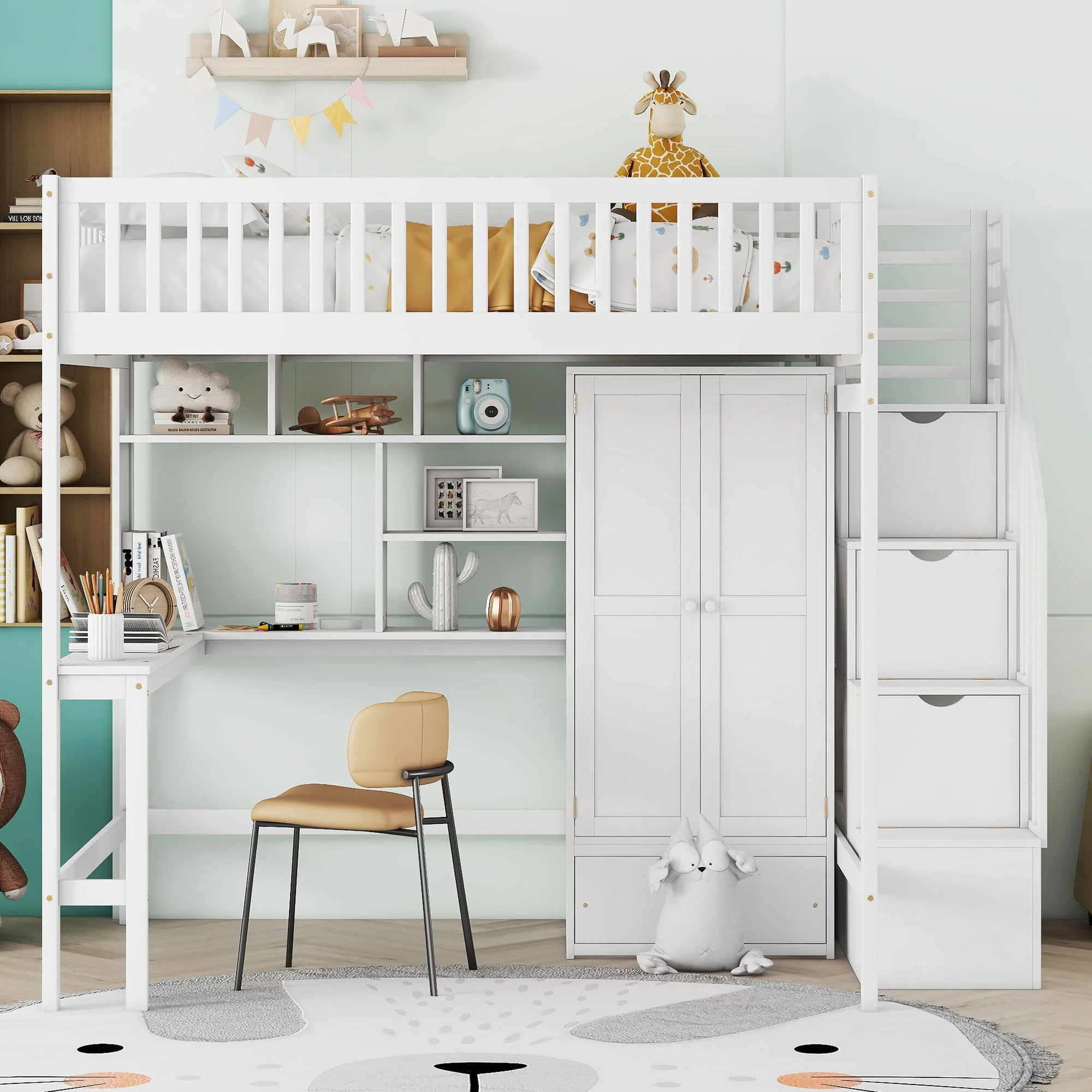 Loft Bed With Bookshelf, Drawers, Desk, And Wardrobe - Image 24