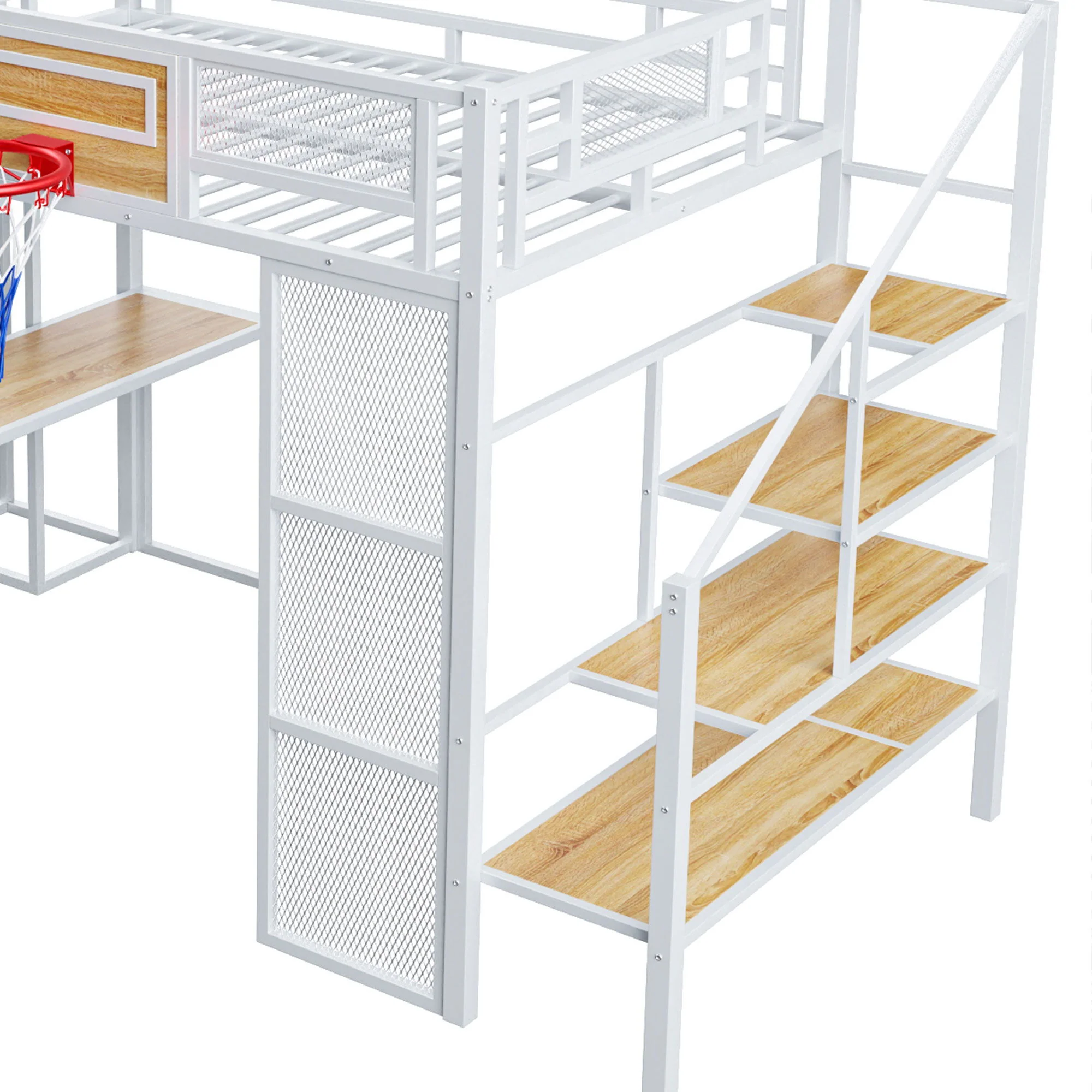 Loft Bed With Built In Desk, Open Wardrobe, Basketball Hoop, Slide And Staircase - Image 10