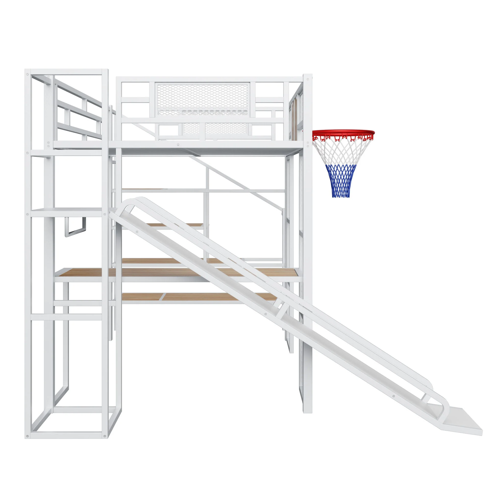 Loft Bed With Built In Desk, Open Wardrobe, Basketball Hoop, Slide And Staircase - Image 14