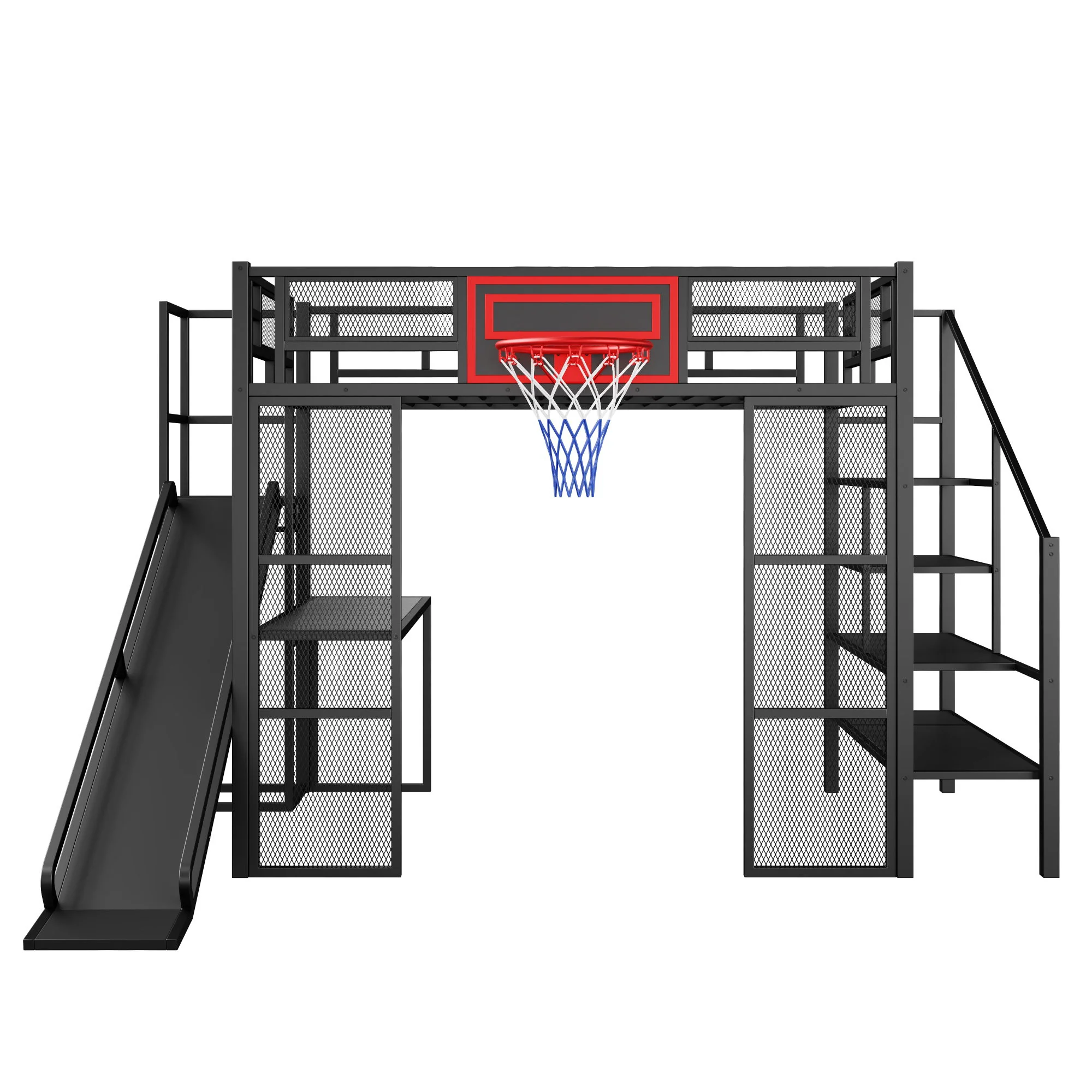 Loft Bed With Built In Desk, Open Wardrobe, Basketball Hoop, Slide And Staircase - Image 17